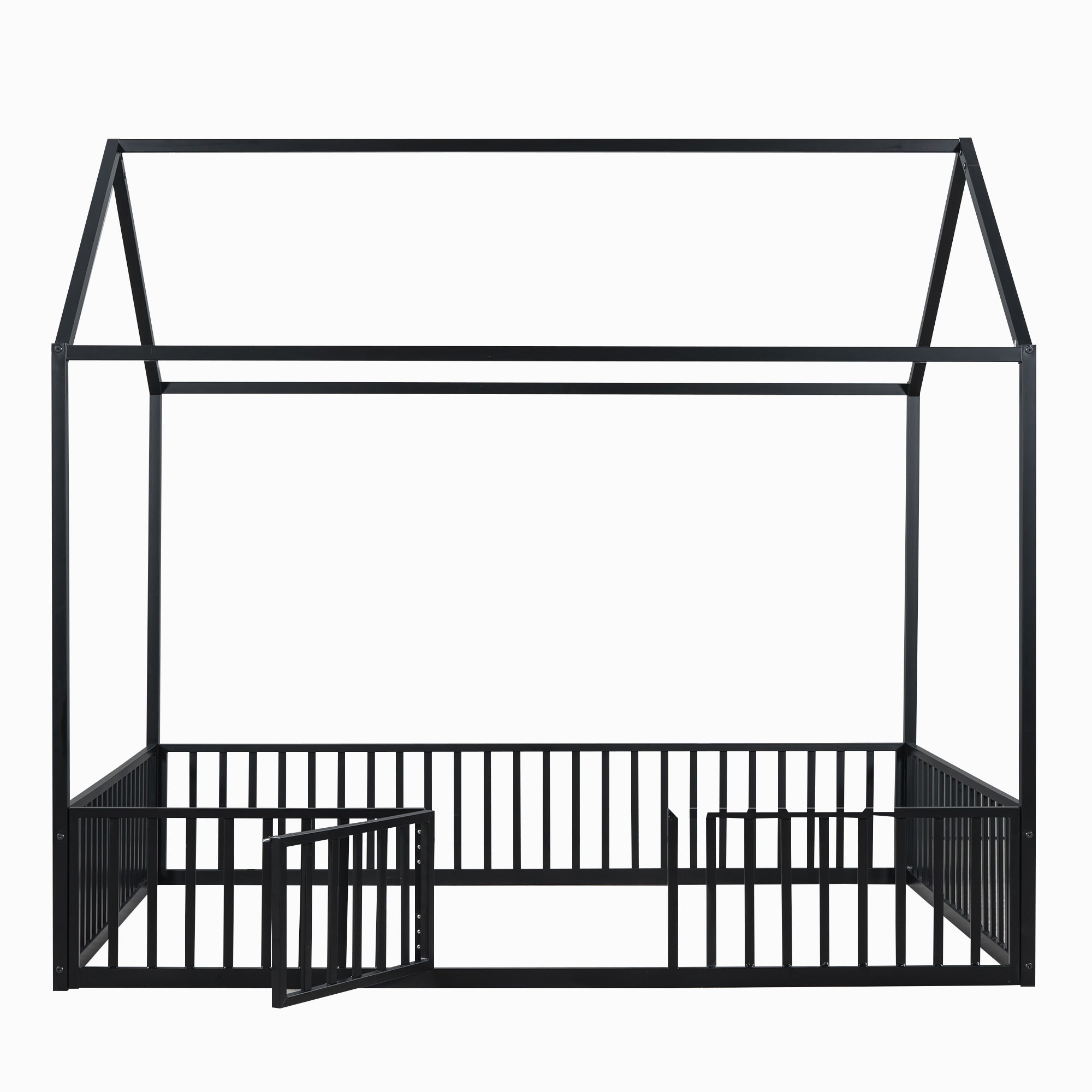 Full Size Metal House Bed with Fence & Door - Black, Durable