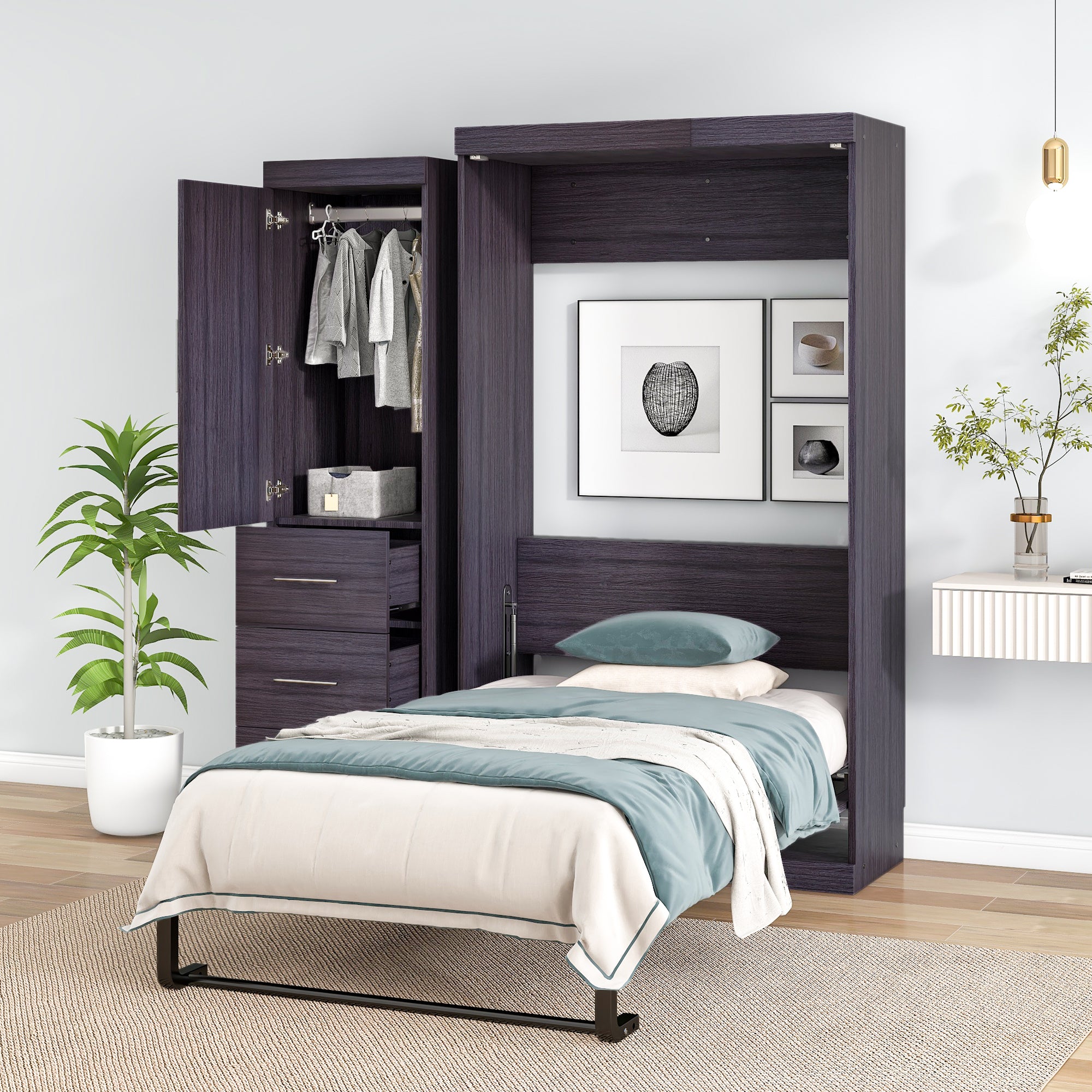 Twin Murphy Bed: Wardrobe, Drawers & Storage - Gray Foldable Cabinet