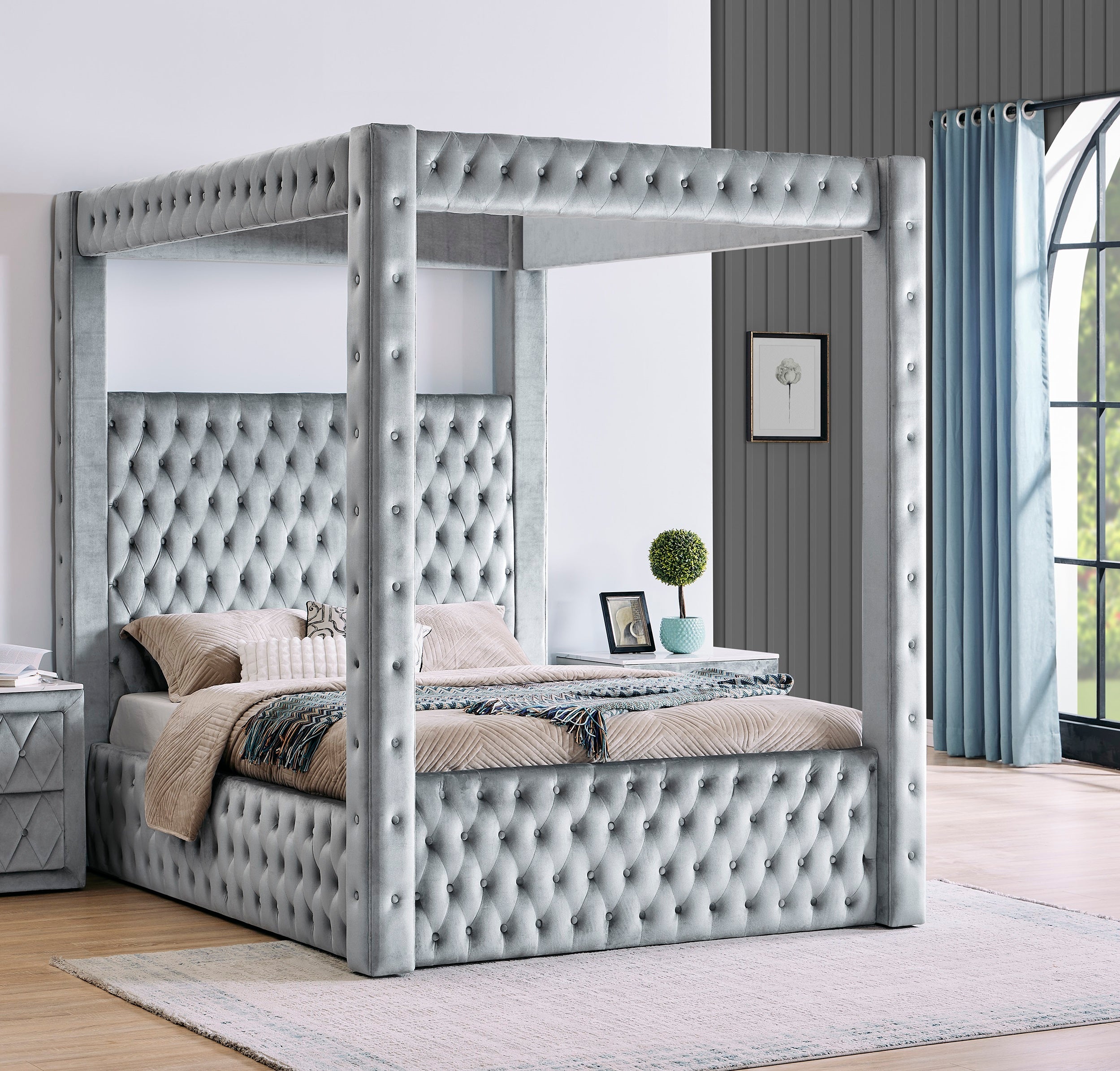 Majestic Canopy King Bed - Tufted Gray Velvet Four-Poster Modern