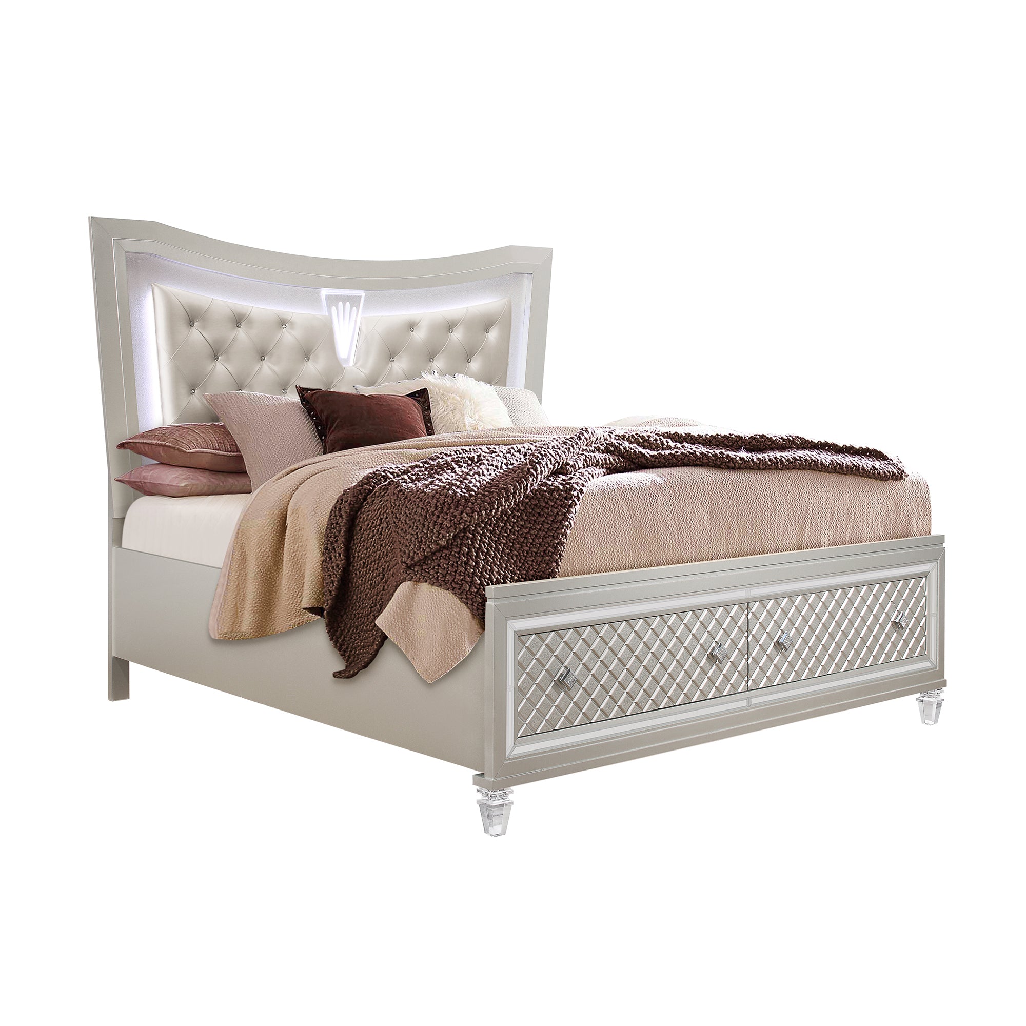 Cross Glam Champagne Queen Bed, LED Headboard, Solid Wood