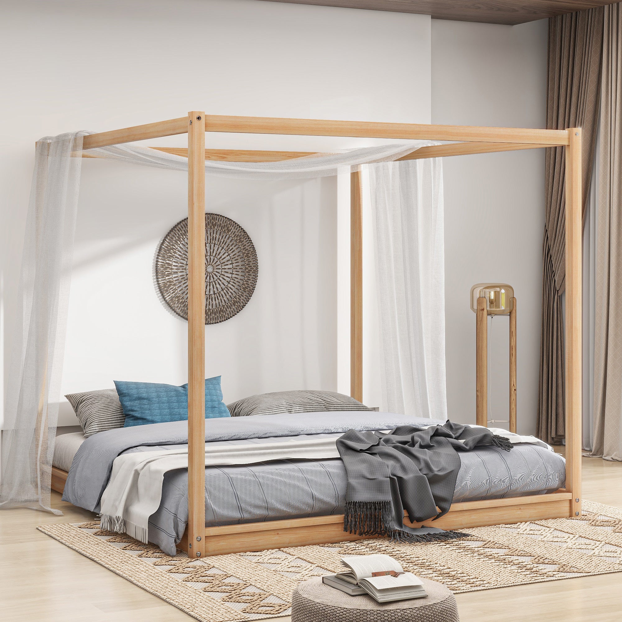 Natural King Size Canopy Platform Bed with Support Legs