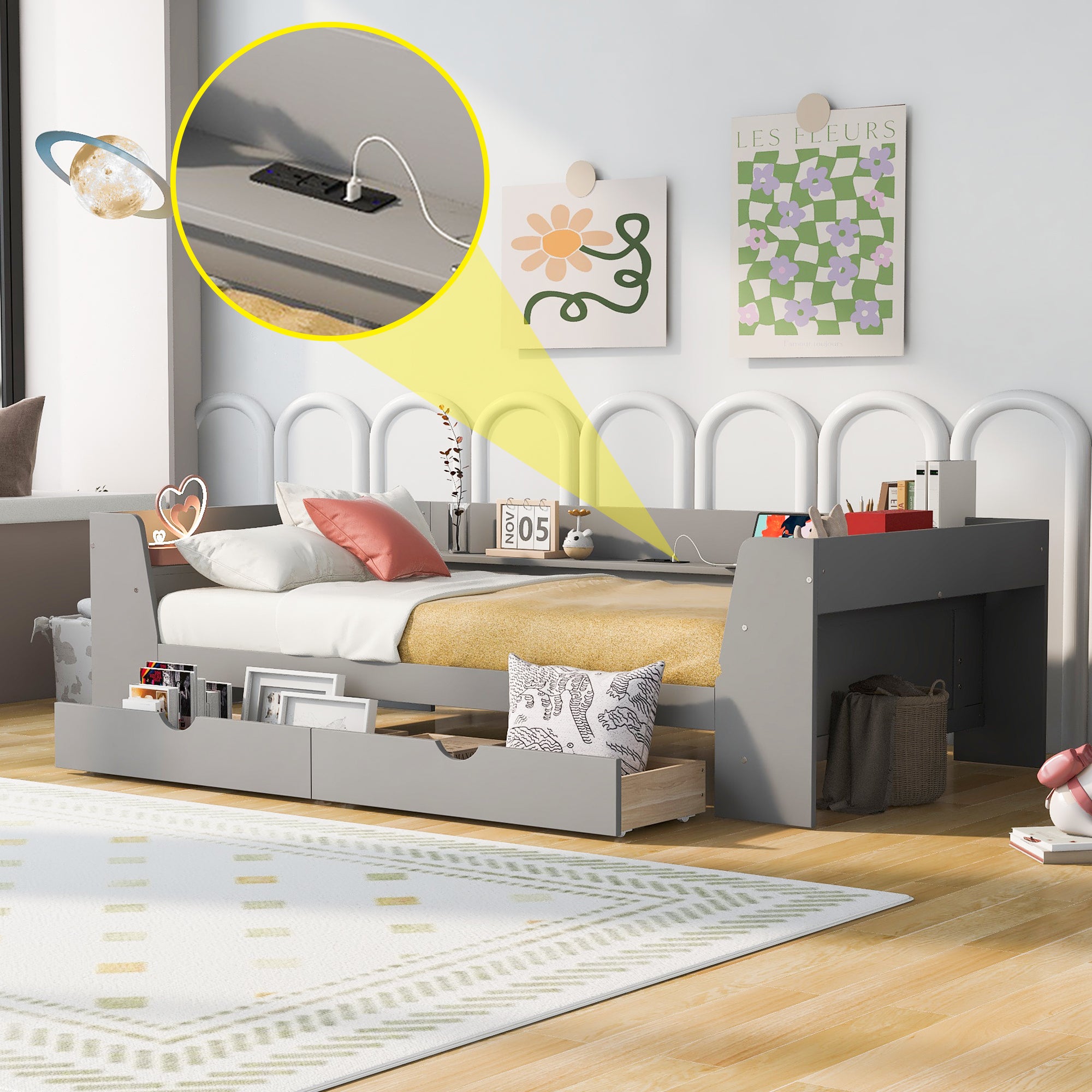 Twin Daybed with Shelves, Drawers & Built-in Charging Station - Gray