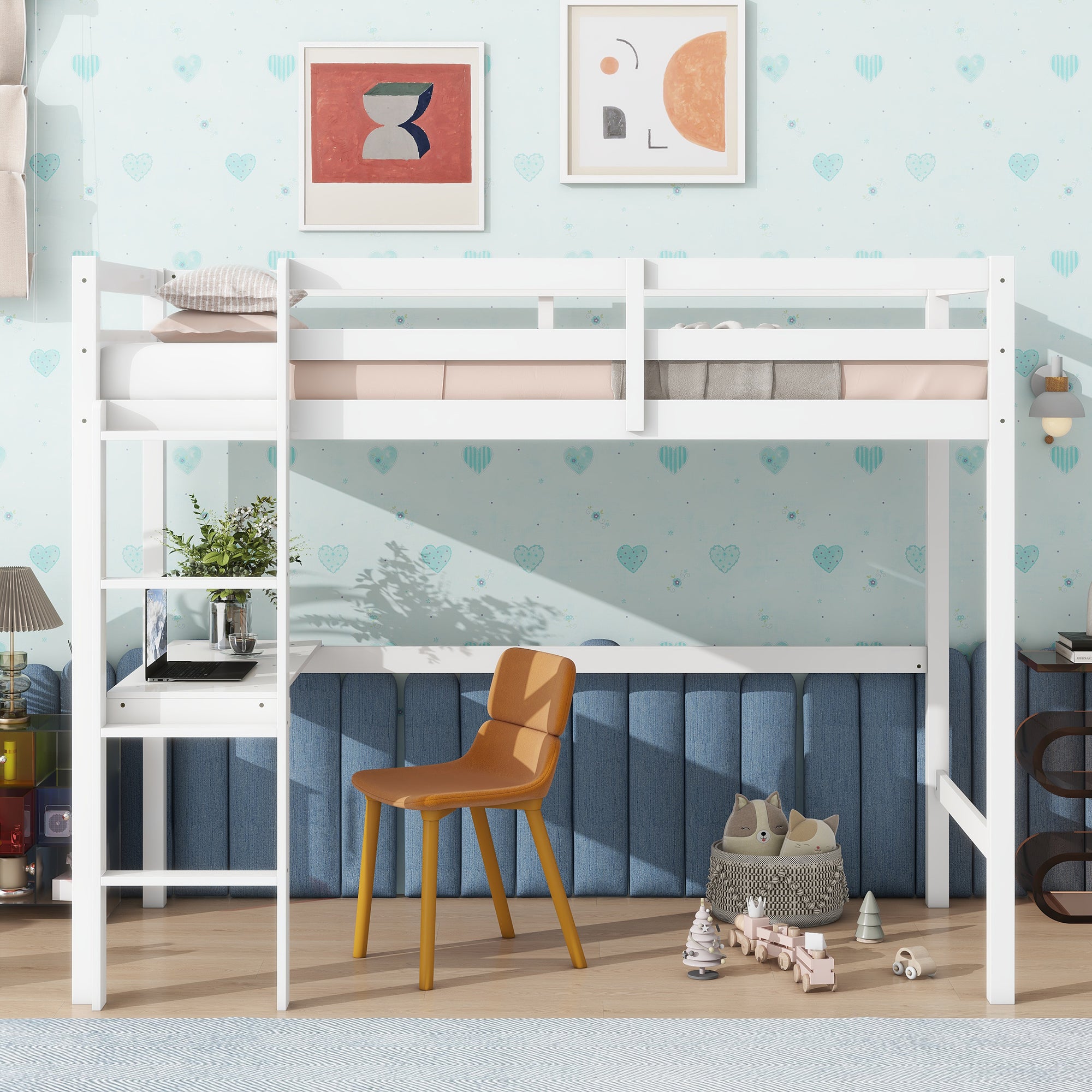 Twin Loft Bed w/ Desk, Safety Rail, White