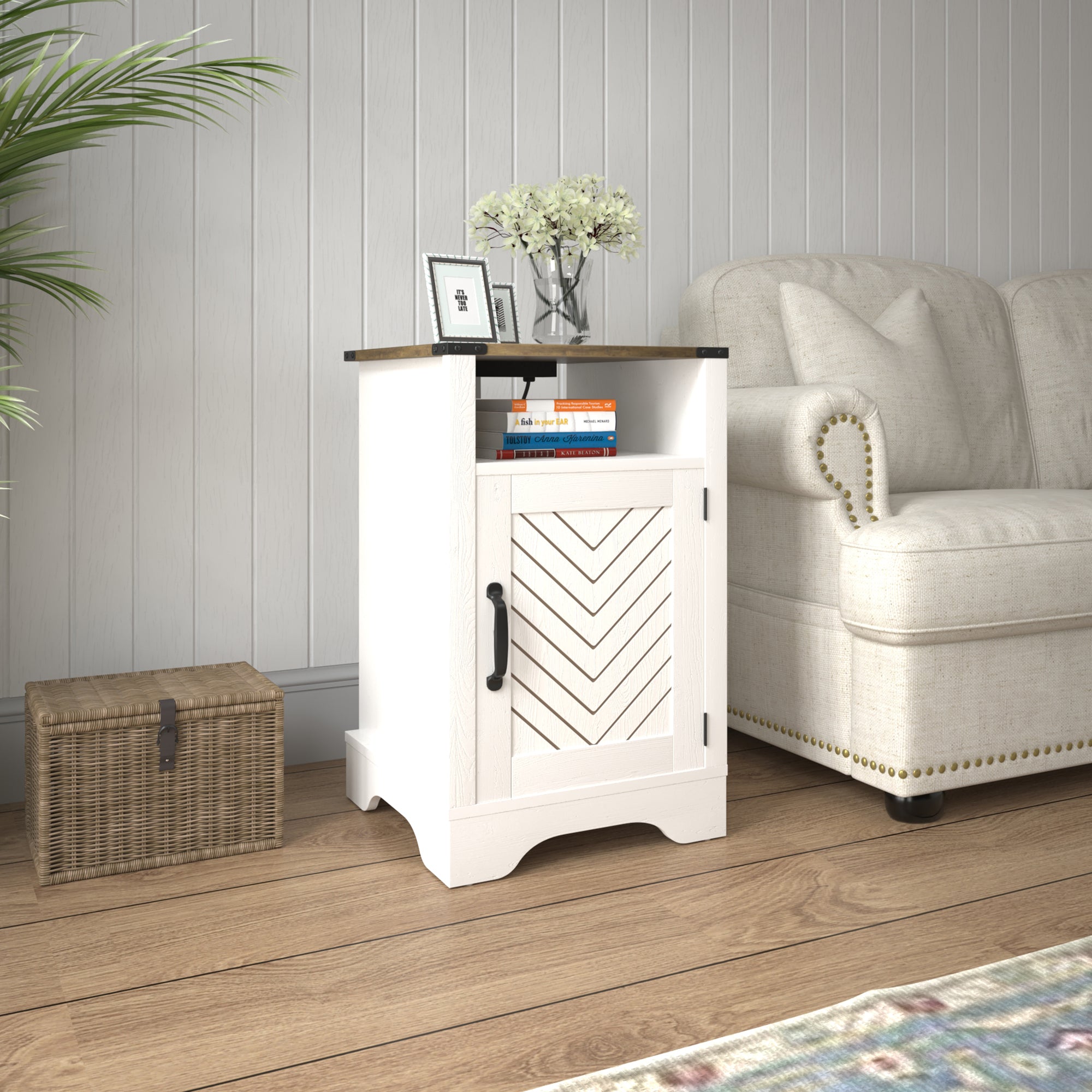 Farmhouse Nightstand Side Table with Charging Outlets