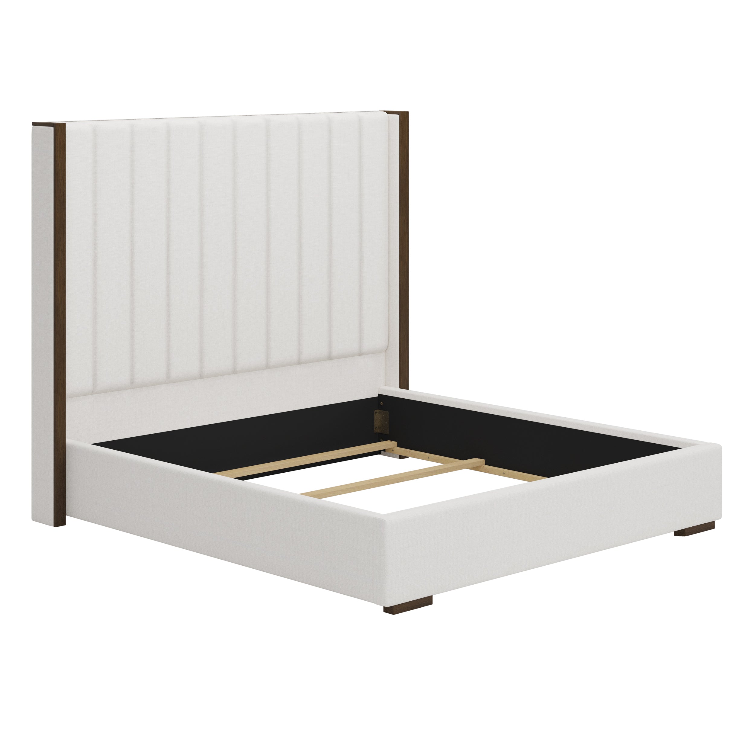 Tall King Upholstered Bed with Vertical Striped Wingback, Linen Beige
