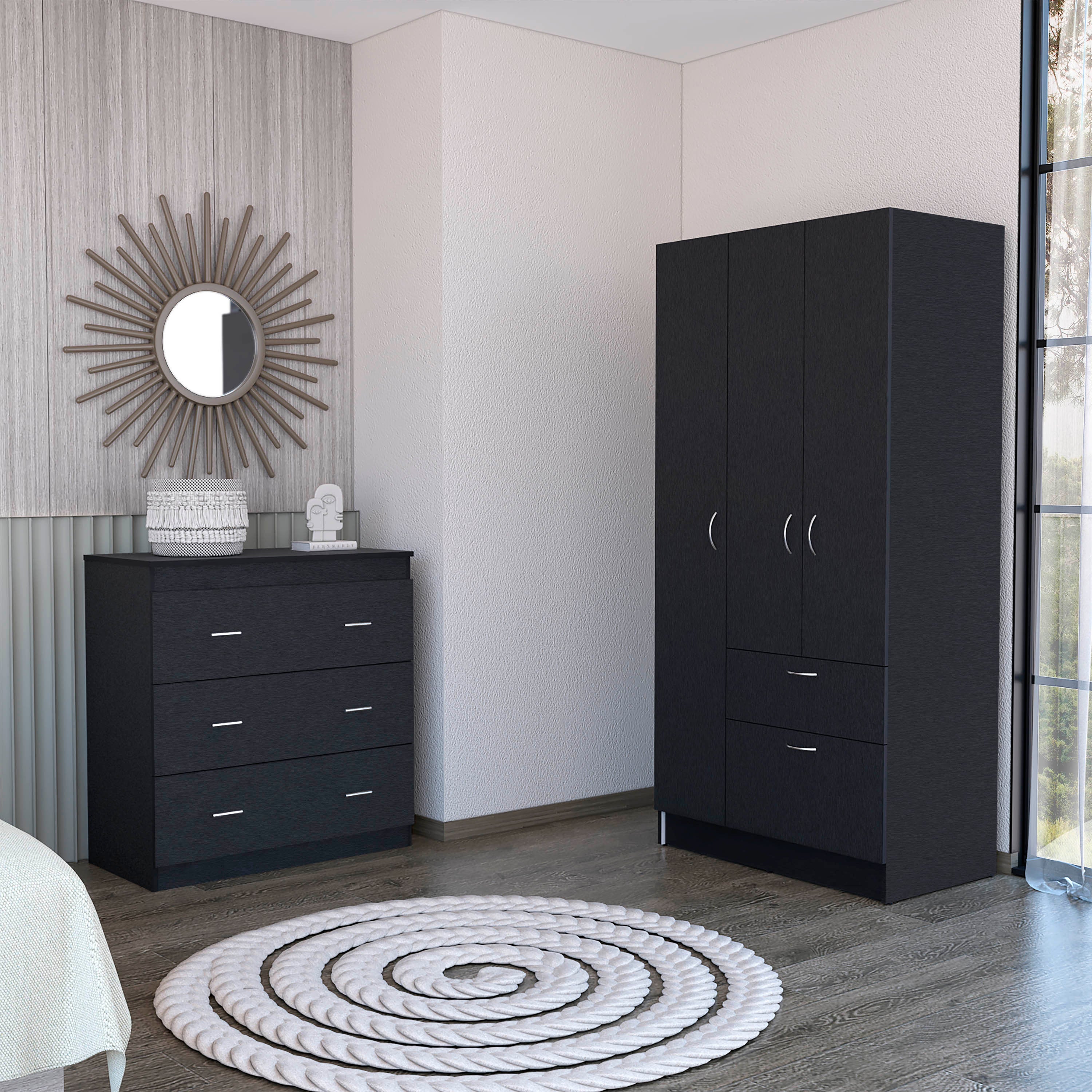 2-Pc Black Bedroom Set: Cartagena Armoire & Capri 3-Drawer Dresser