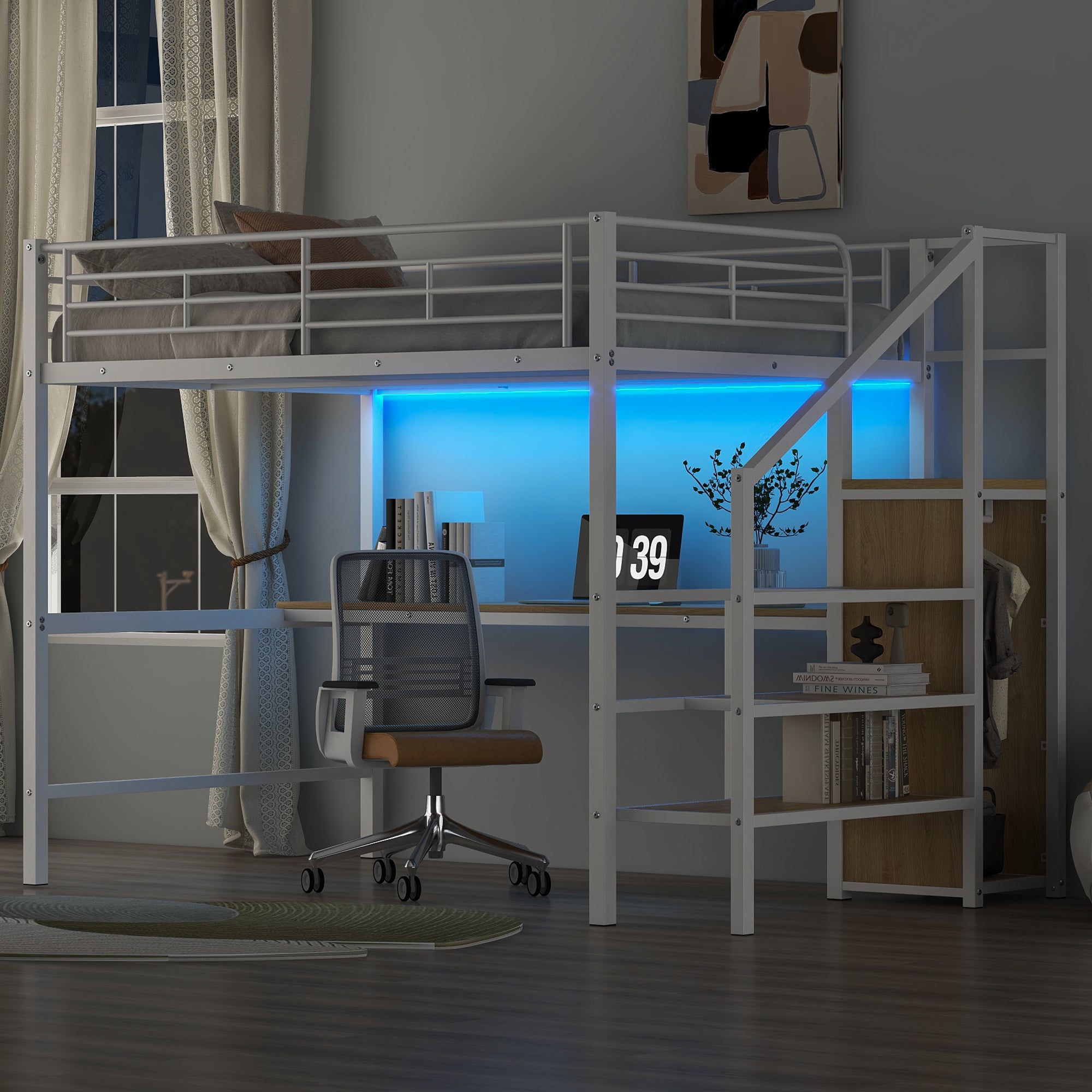 White Metal Loft Bed: Desk, Storage, Wardrobe