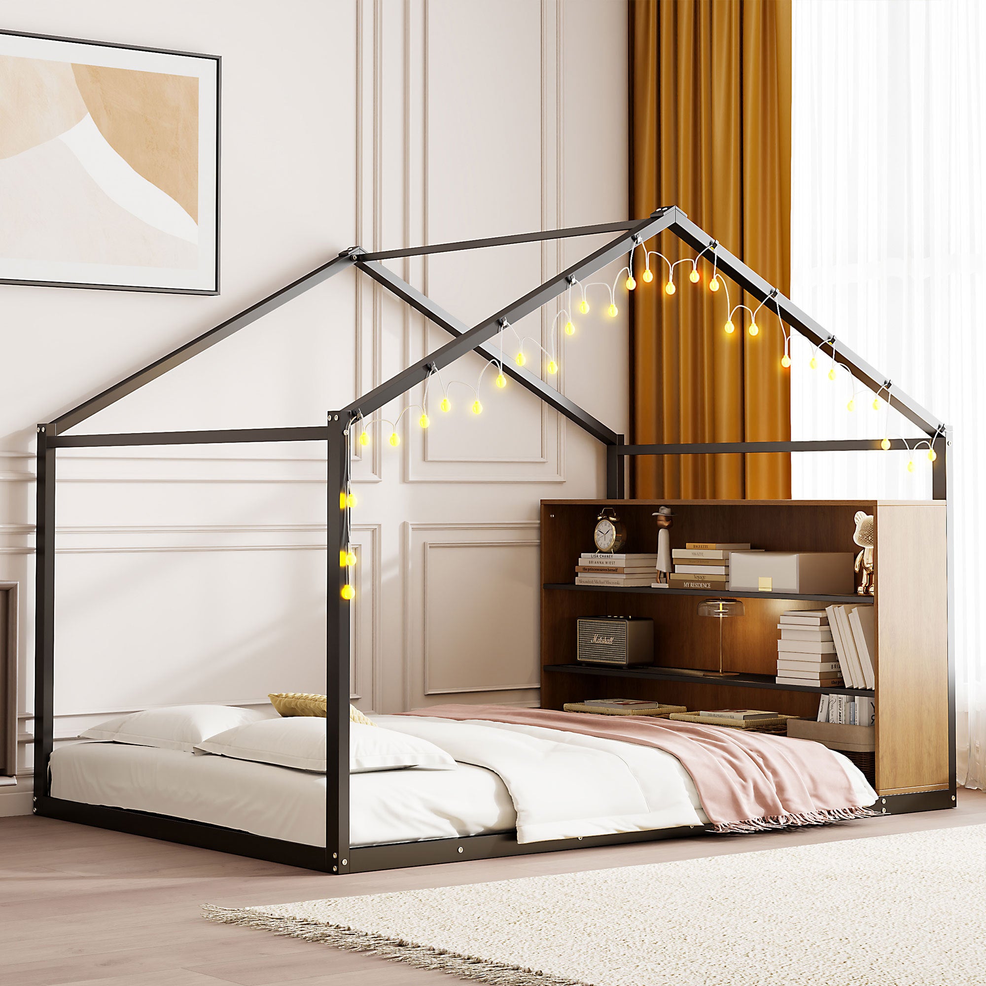 Black Full Size Metal House Bed Frame with Shelves & Lights
