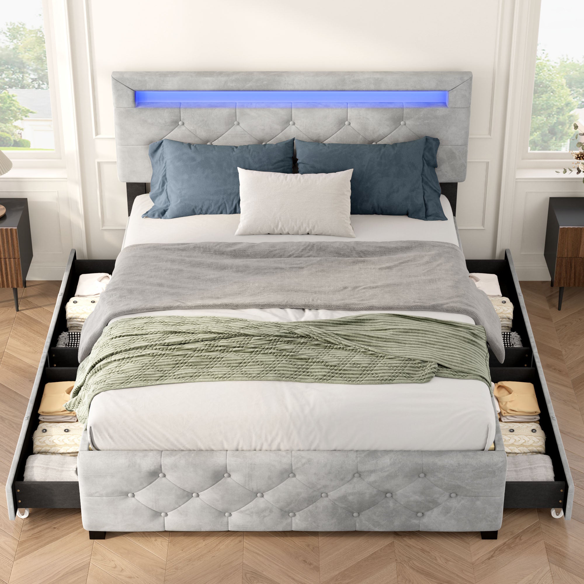 Full Size Upholstered Storage Bed Frame with 4 Drawers, LED Light