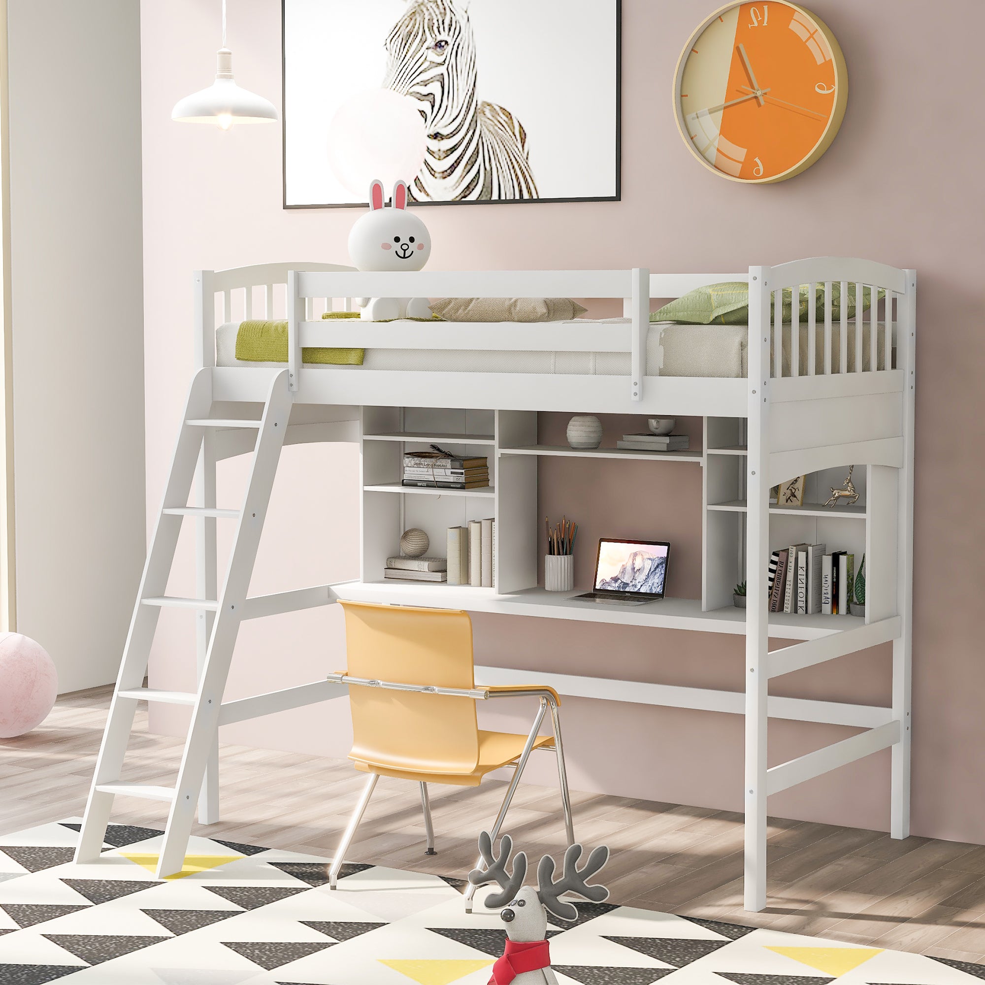 Twin Loft Bed with Desk, Storage & Ladder - White Space-Saving Design