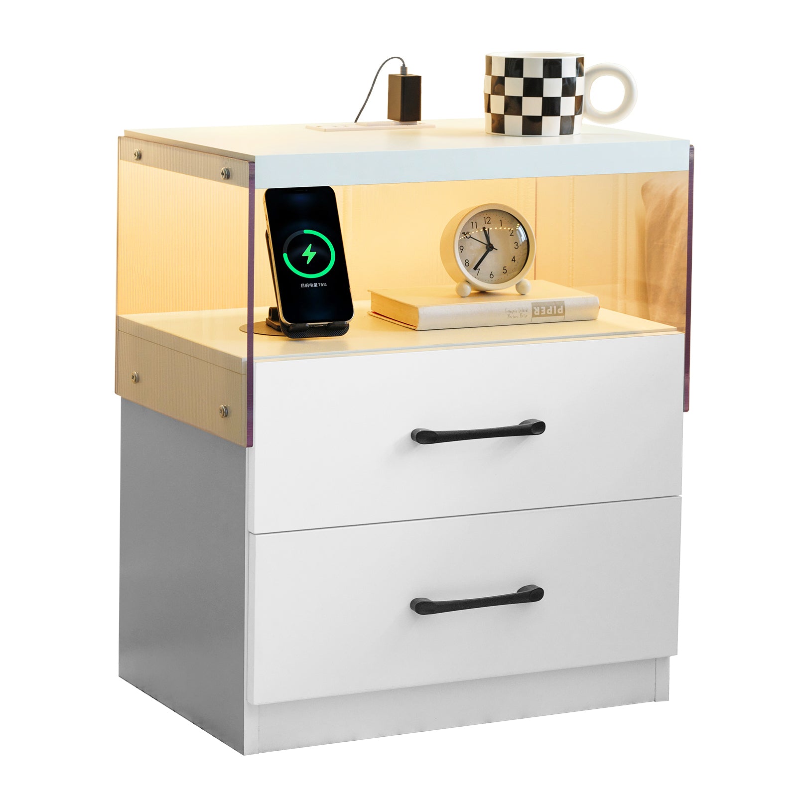 White LED Nightstand: Bedside Table with Adjustable Lights & 2 Drawers
