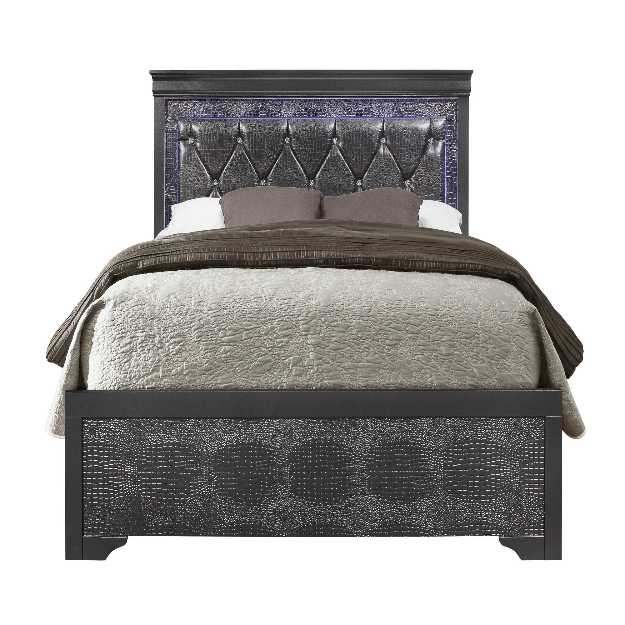 Shaker Metallic Grey Queen Bed | LED Lighting & Crystal Tufted Headboard