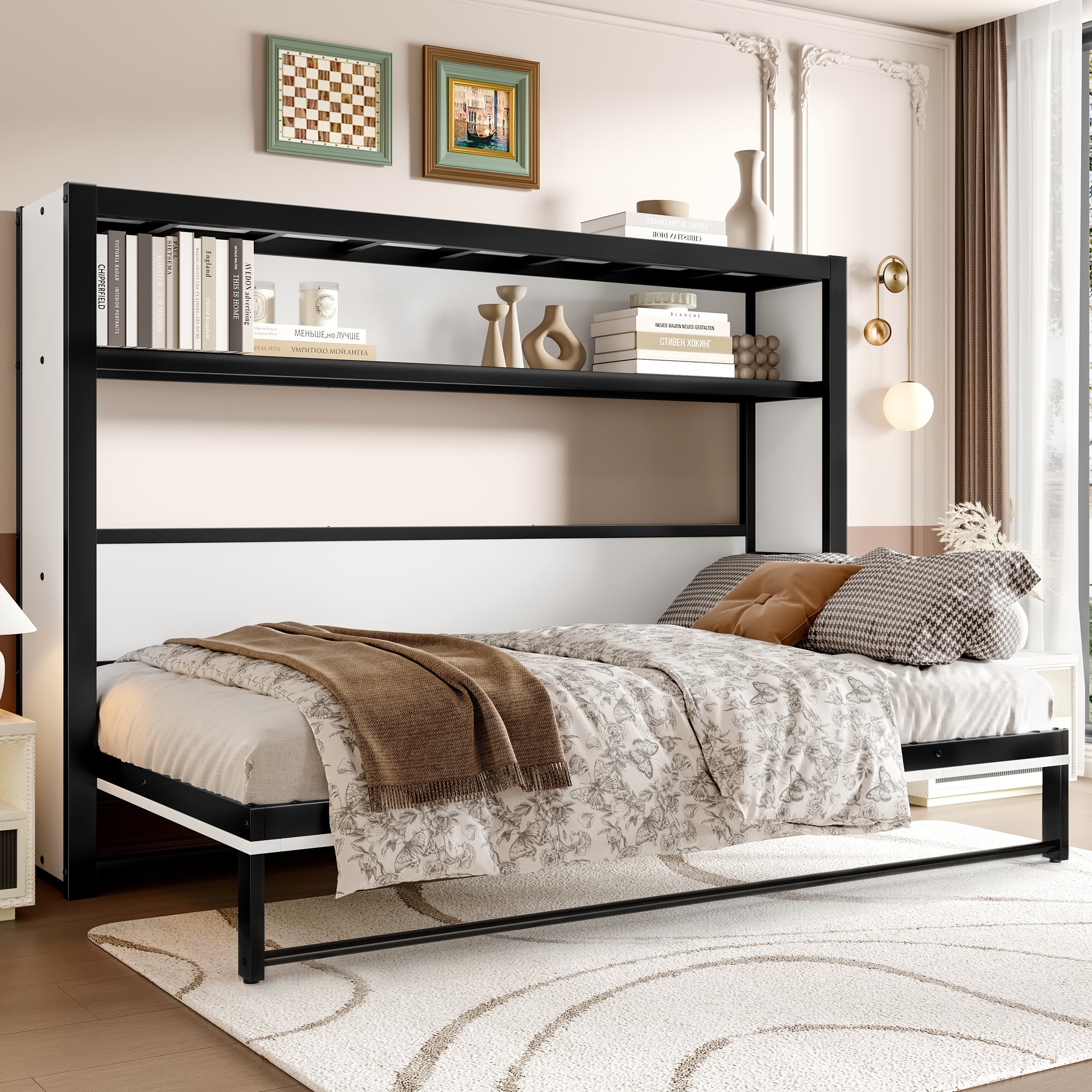 Twin Murphy Bed with Shelves - Metal Wall Bed - Space-Saving White