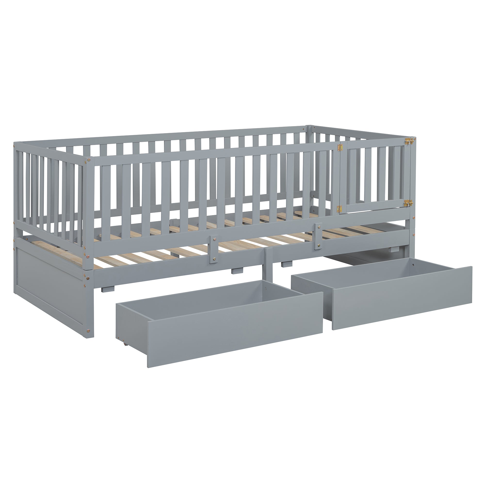 Gray Twin Wood Daybed: Fence Guardrails, 2 Drawers, Split Floor Bed
