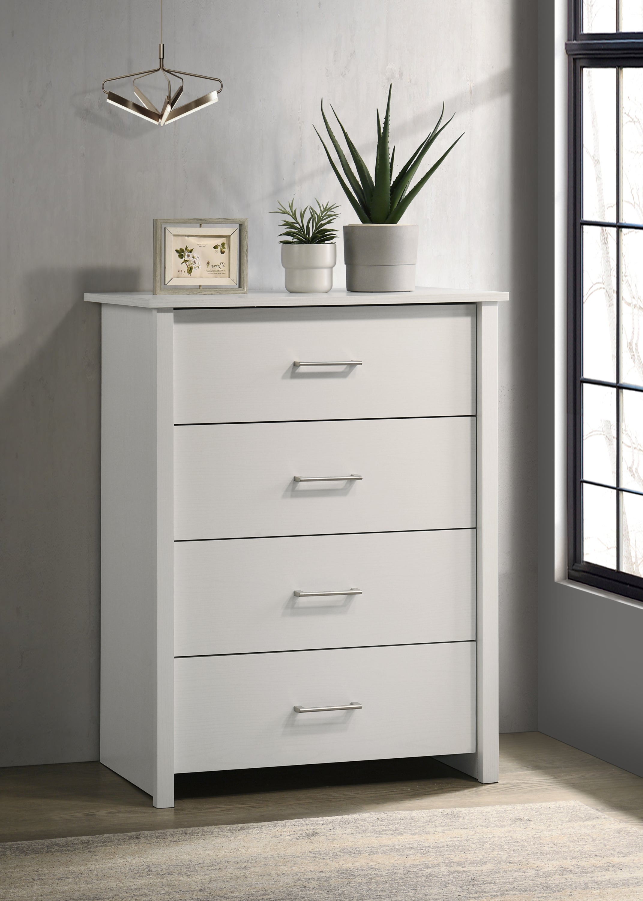 Celeste White 4-Drawer Chest, 32"W, Silver Handles
