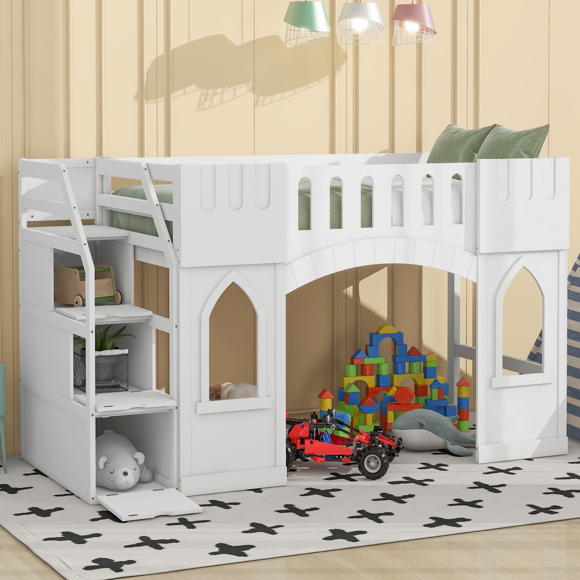 Twin Loft Bed: Storage Stairs, Window Design - White Space Saver