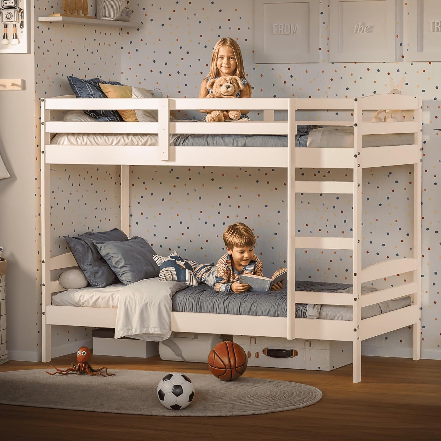 DFW Twin Over Twin Bunk Bed - White Pine Wood Frame for Adults