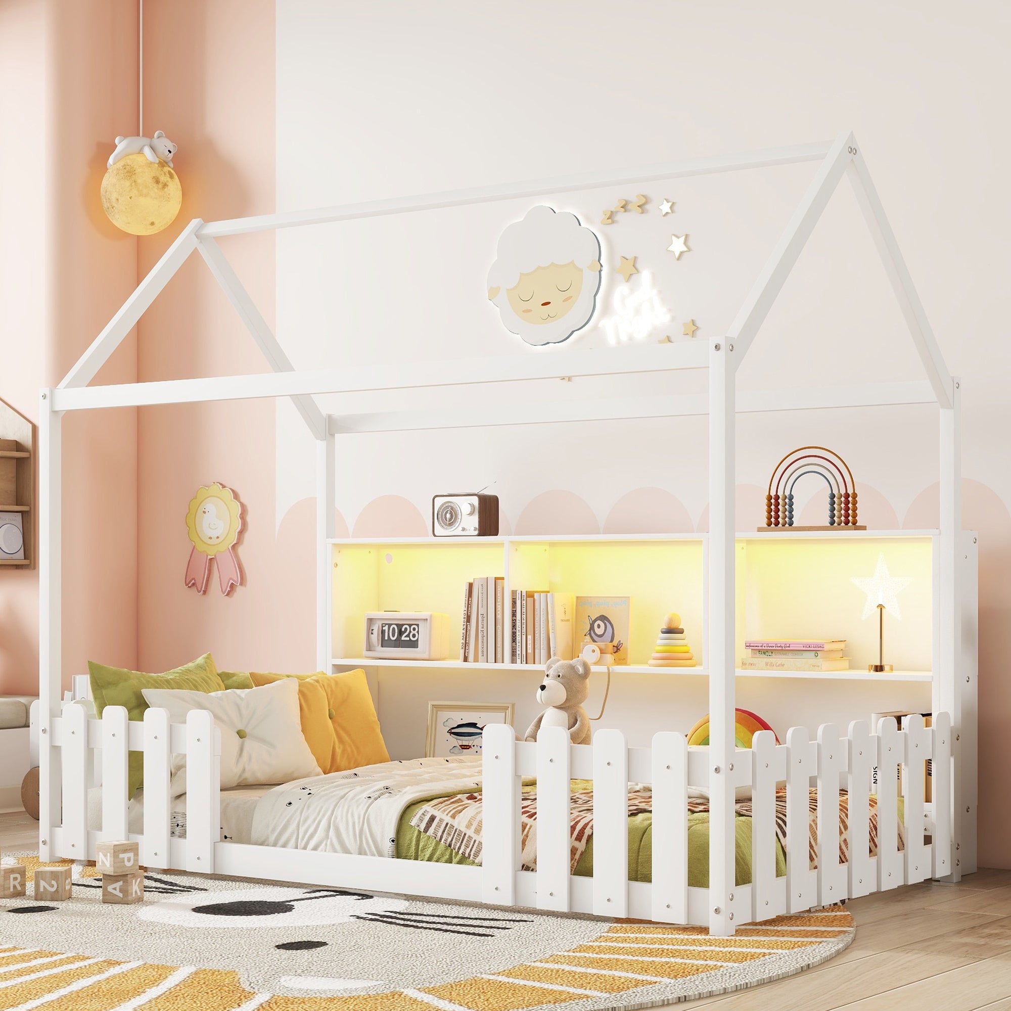 Kids Twin White House Bed with LED, Storage Bookshelf, Guardrails