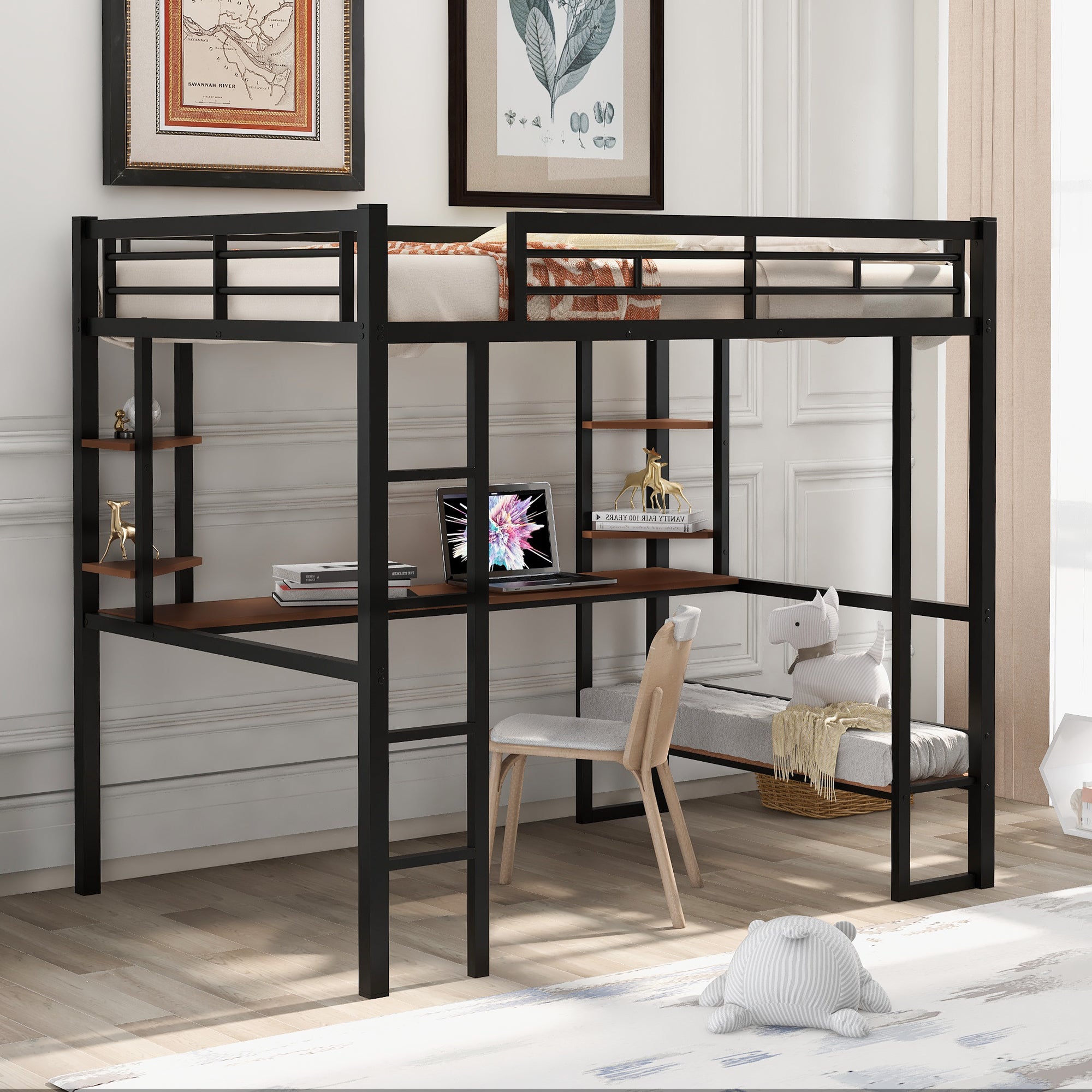 Full Size Loft Bed with Desk & Shelves, Black Metal & MDF