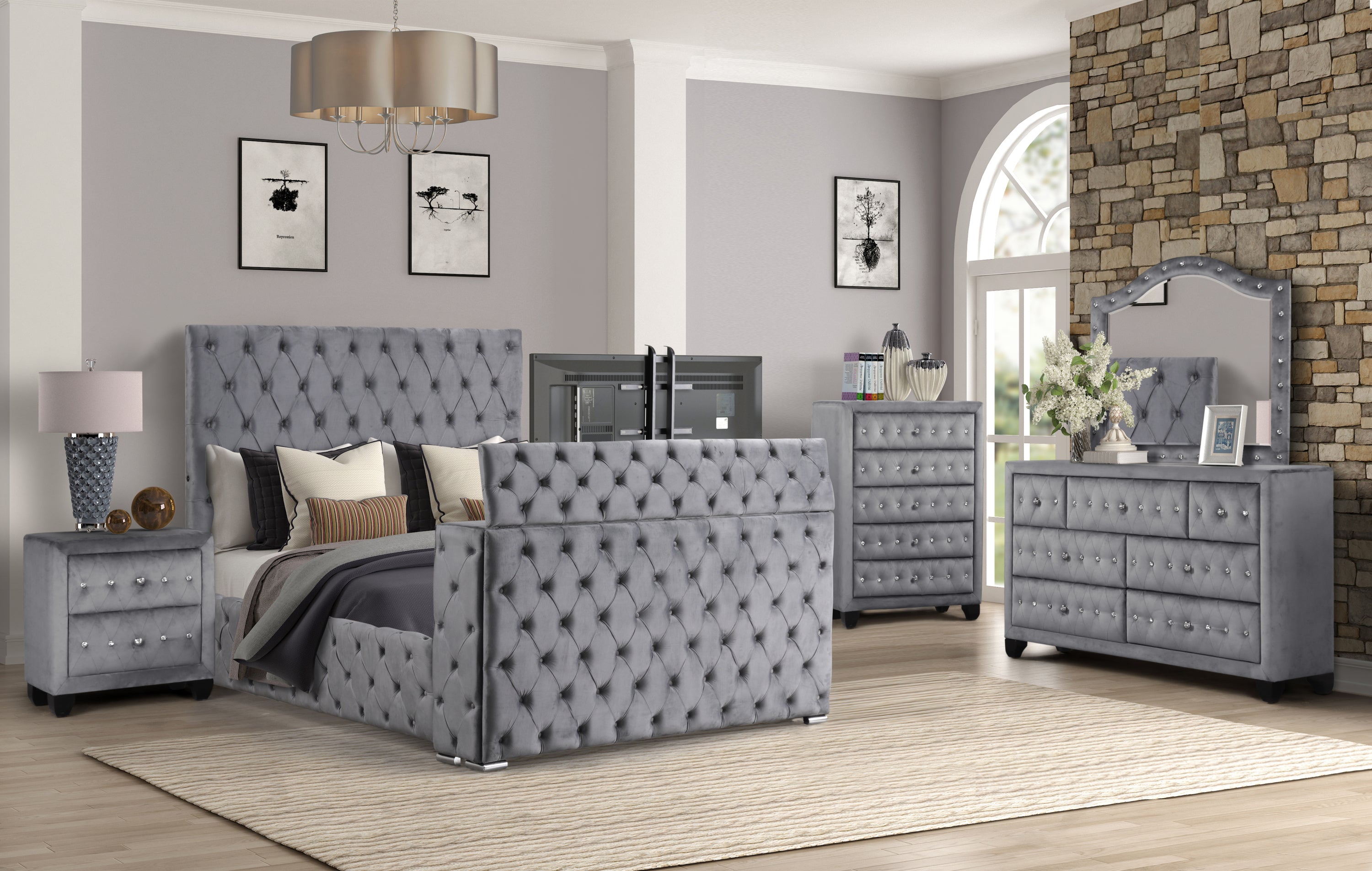 Encore Modern Gray King Tufted Upholstered 5PC Bedroom Set