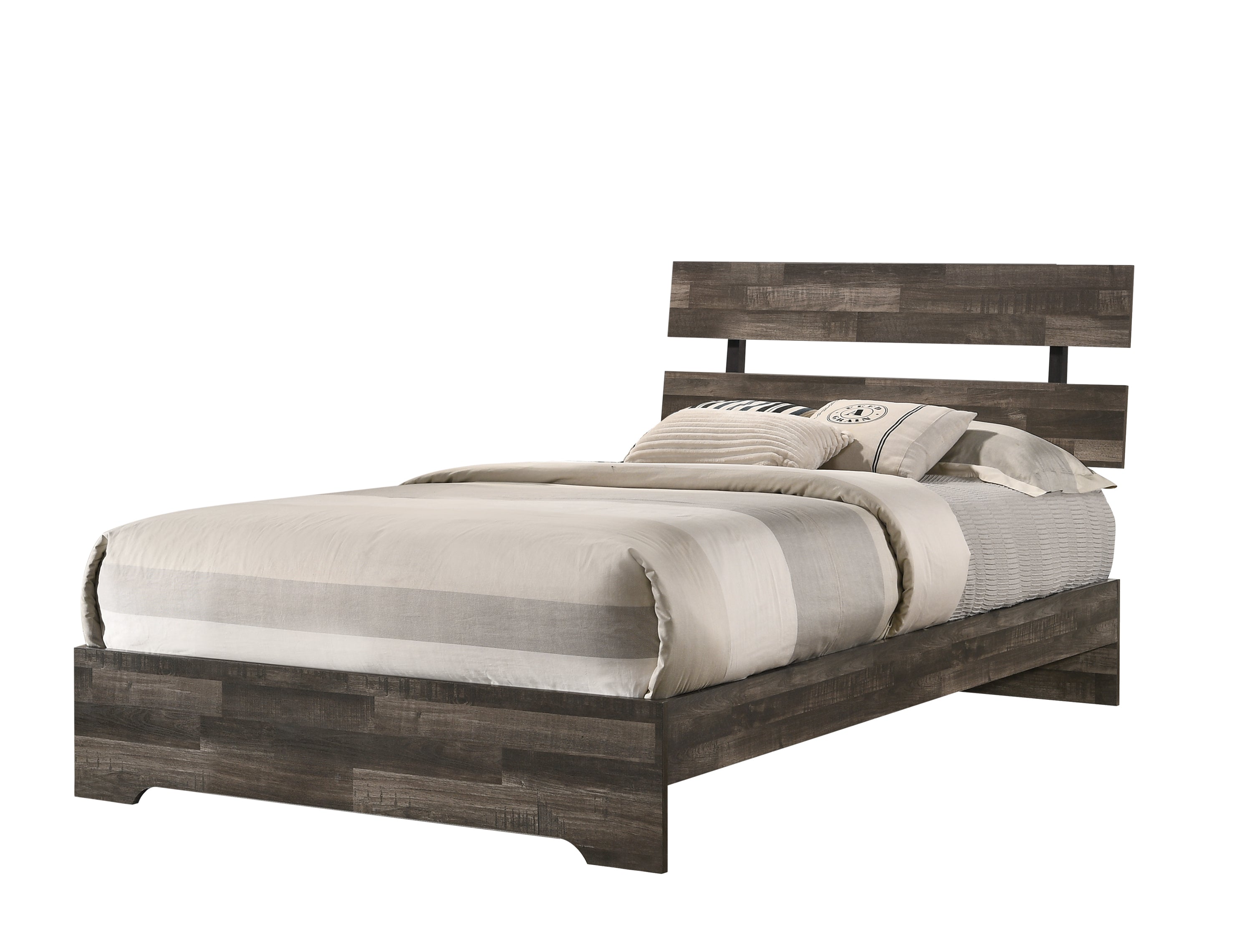 Rustic Twin Platform Bed w/ Slat Headboard - Low Profile, Brown Finish