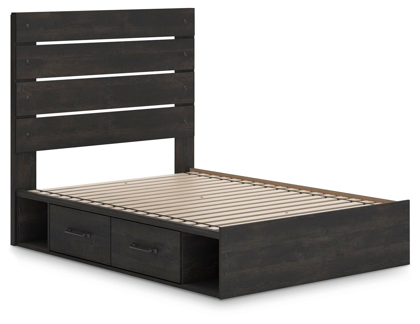 Dark gray panel bed with storage drawers and wooden slat support base, no mattress