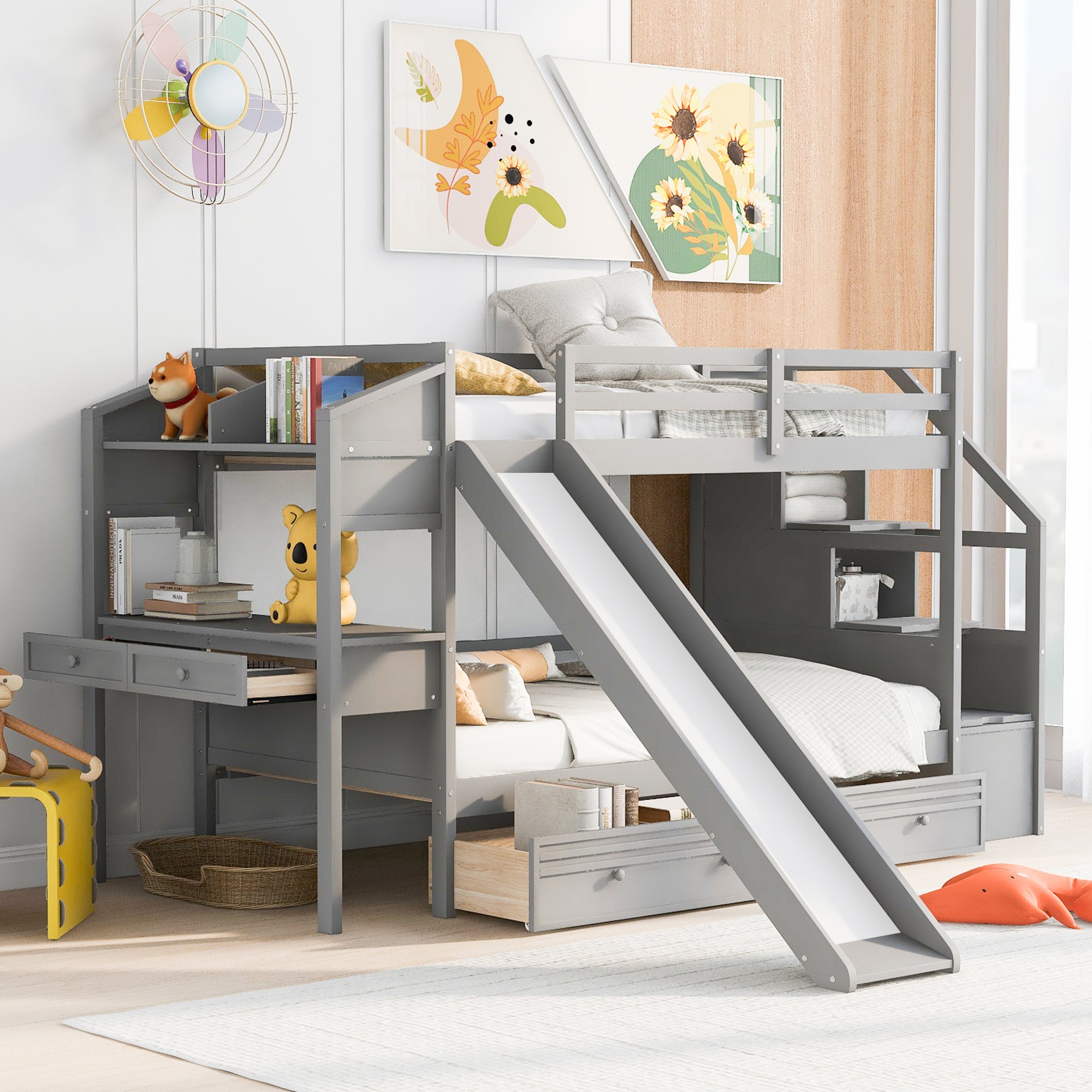 Gray Twin Over Twin Bunk Bed w/ Storage, Slide & Desk