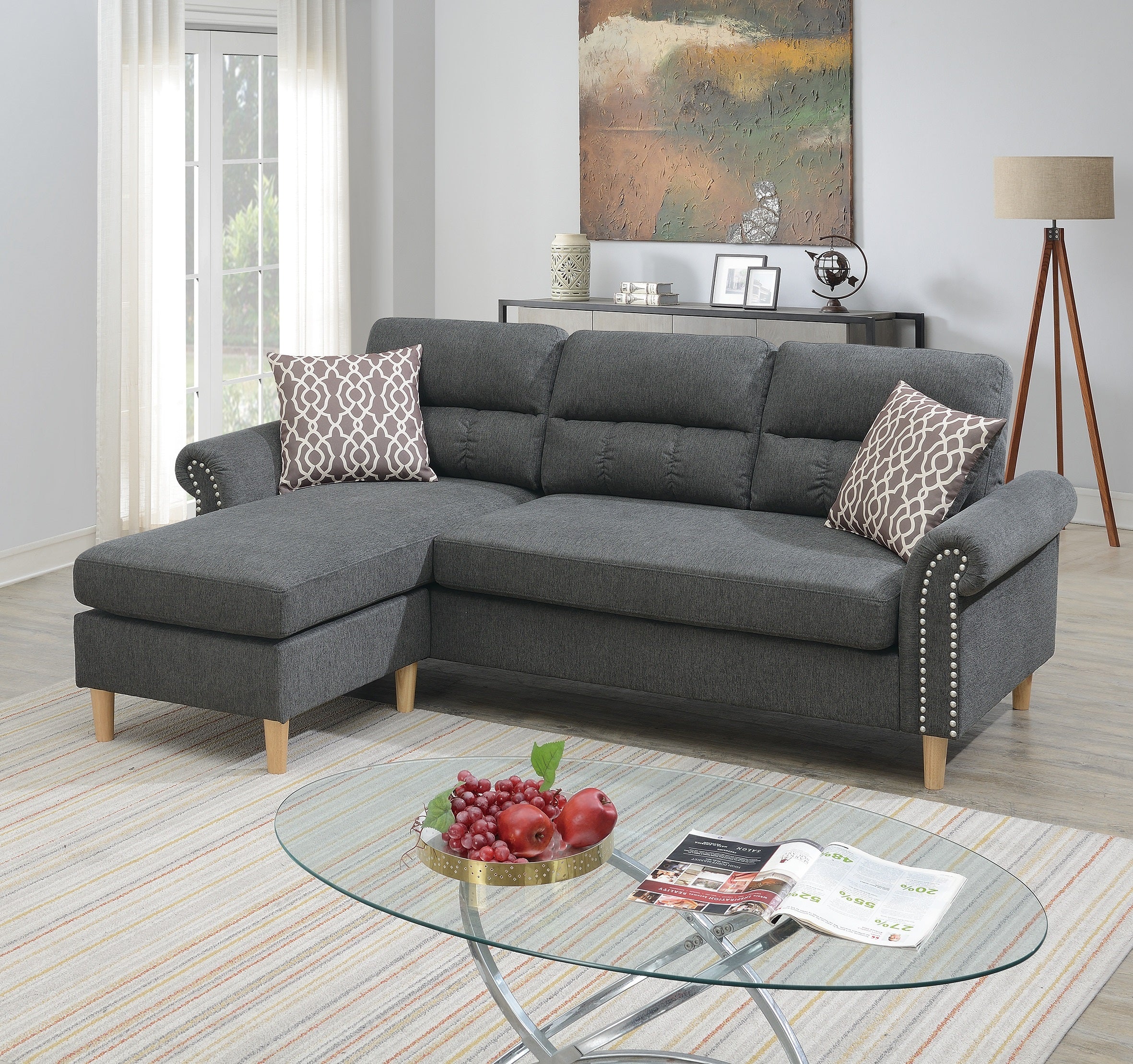 Slate Polyfiber Reversible Sectional Sofa Set Chaise