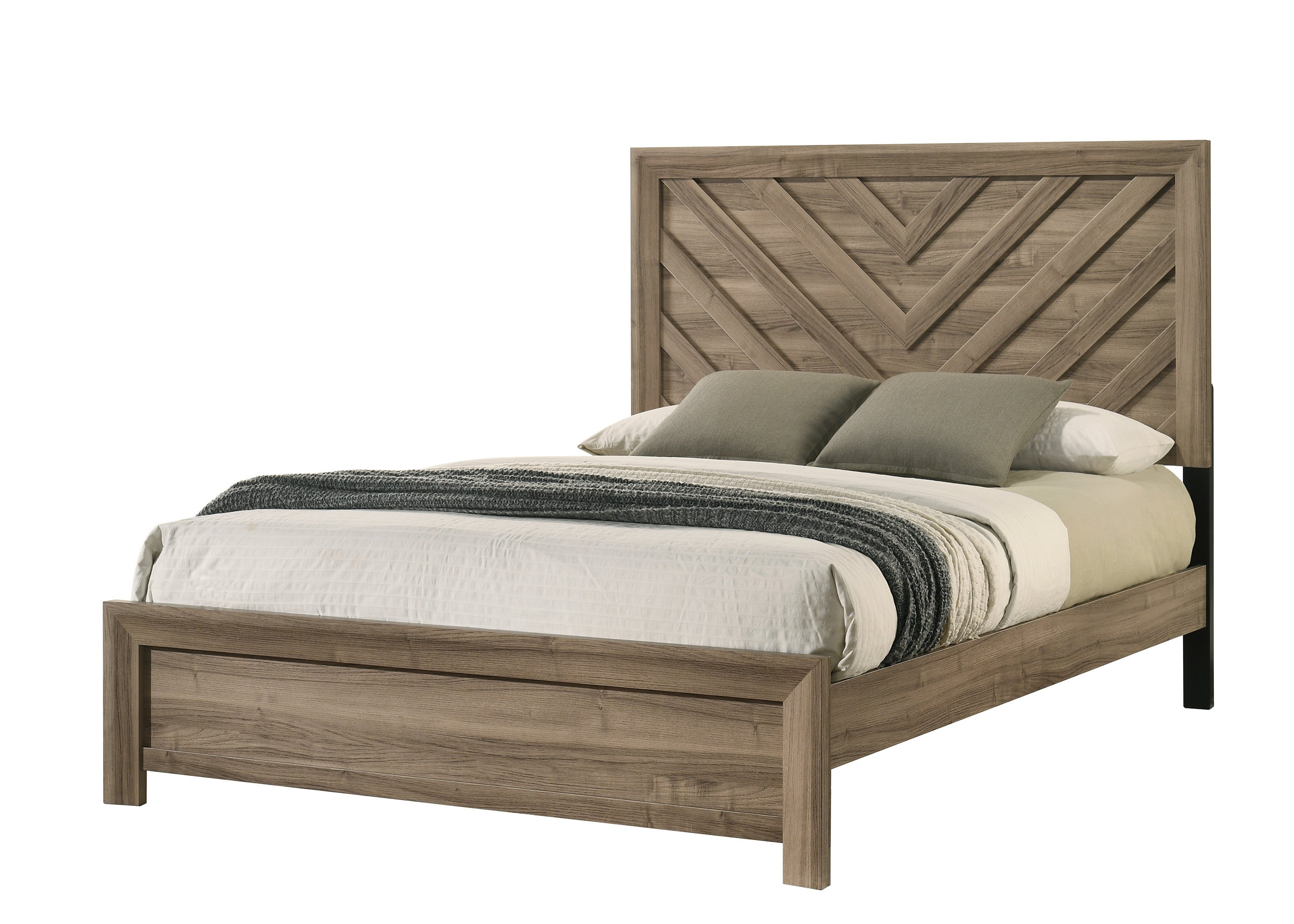 Queen Chevron Wood Headboard Bed - Light Brown Wooden Bedroom Furniture