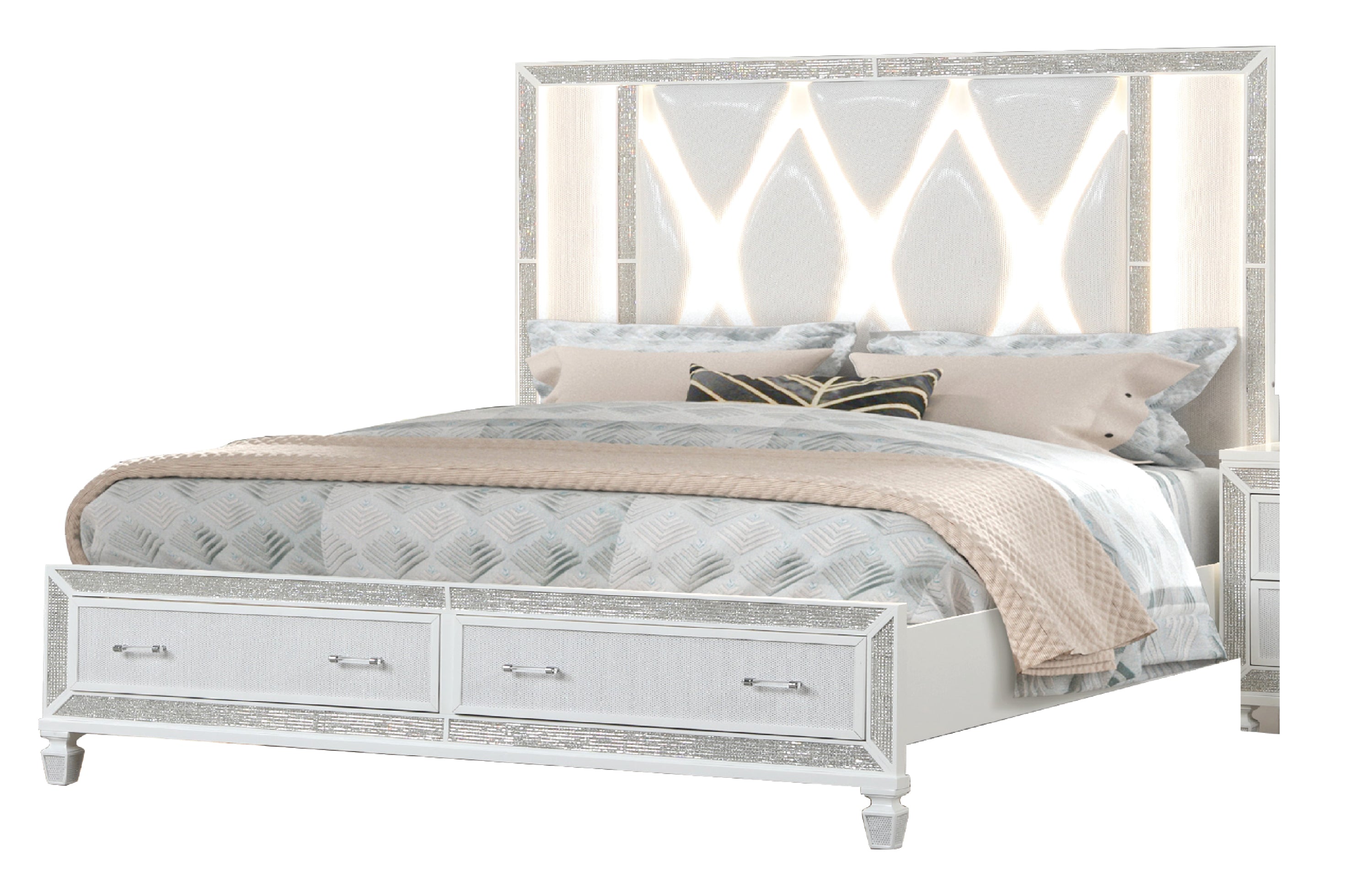 Crystal Queen White Wood Storage Bed - Elegant & Functional Design