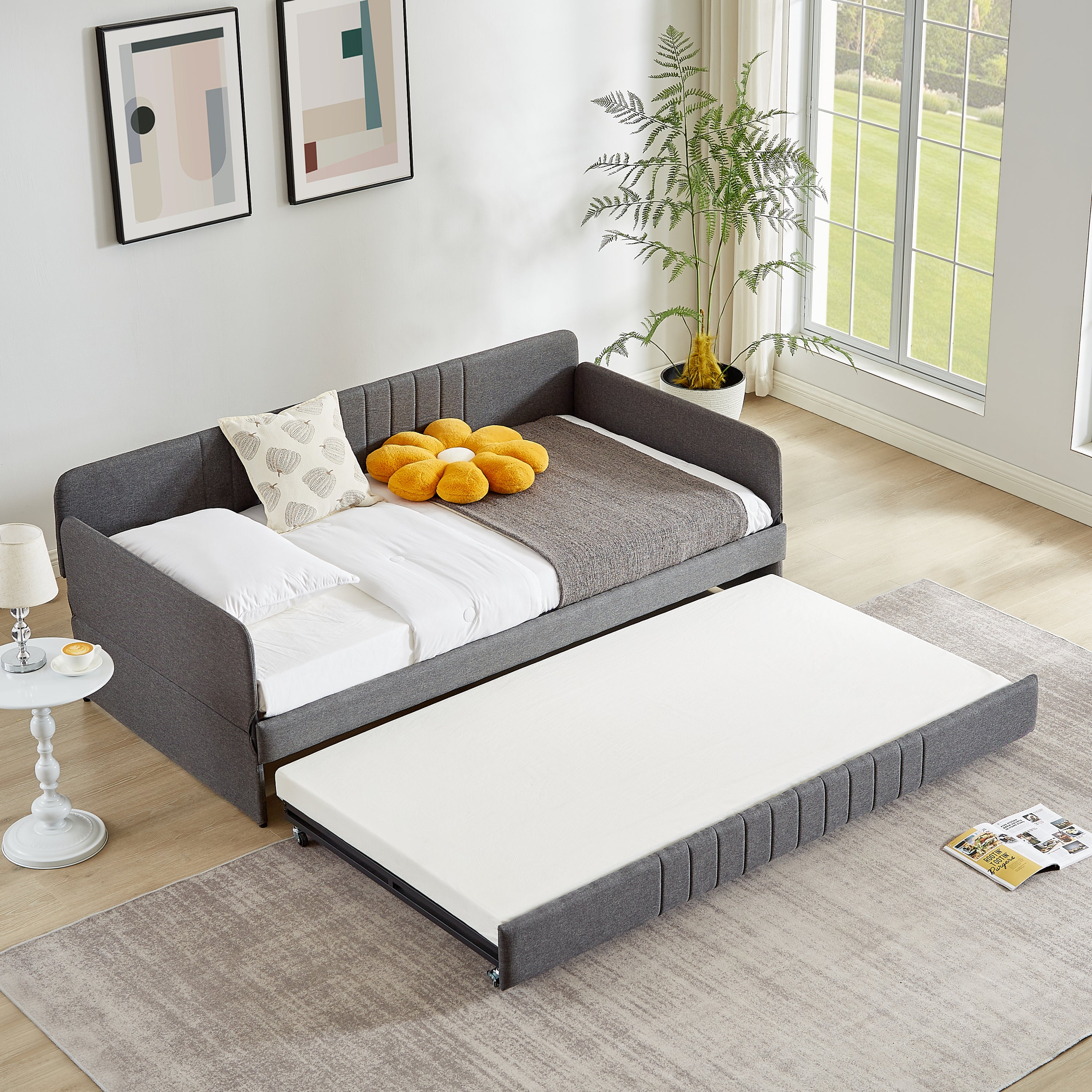 Grey Twin Daybed Sofa Bed with Trundle - Metal Frame