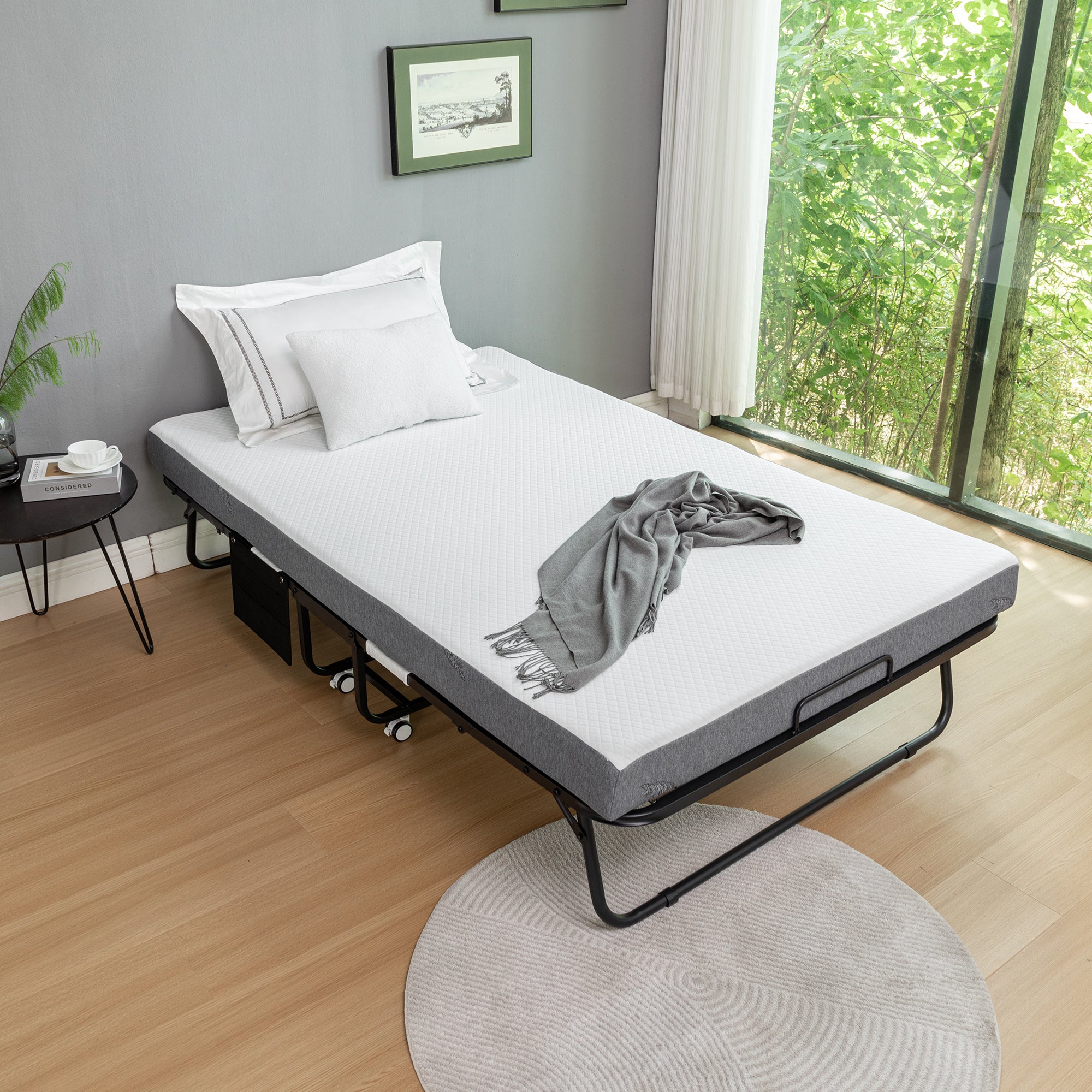 Folding Portable Rollaway Guest Bed for Adults w/Memory Foam Mattress, Wheels