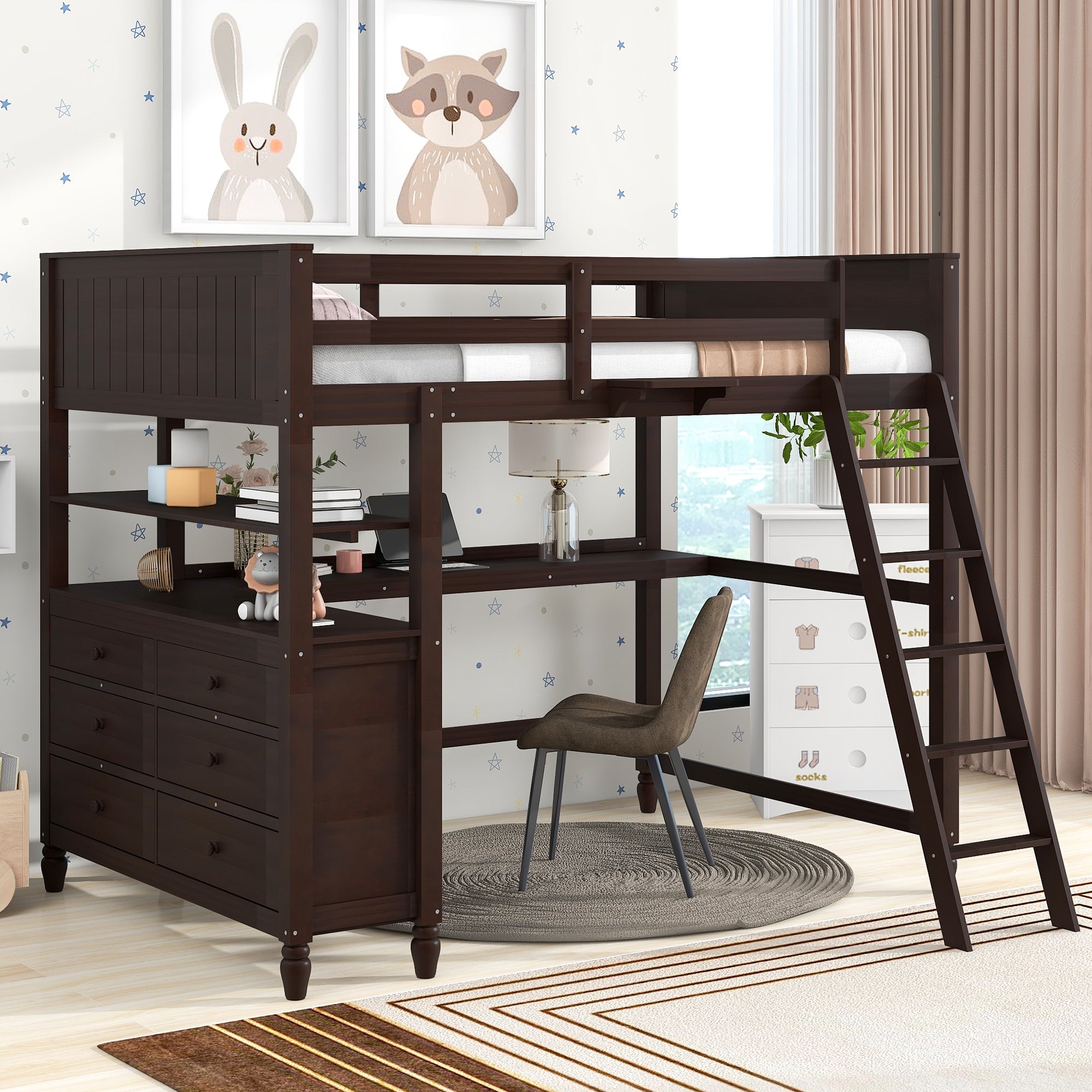 Full Size Wooden Loft Bed w/ Desk, Drawers & Shelves - Espresso
