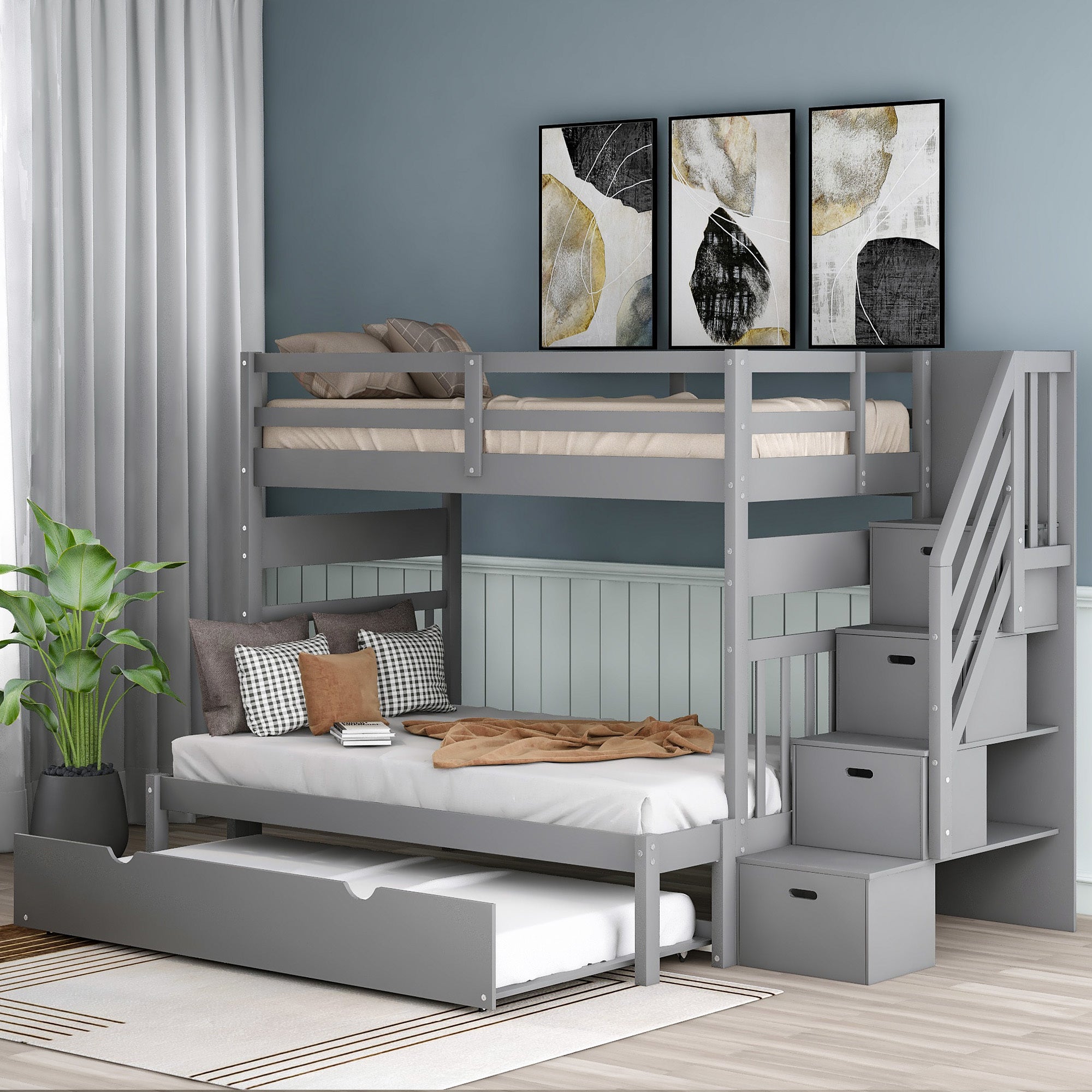 Gray Twin/Full Bunk Bed with Twin Trundle - Space Saving Design