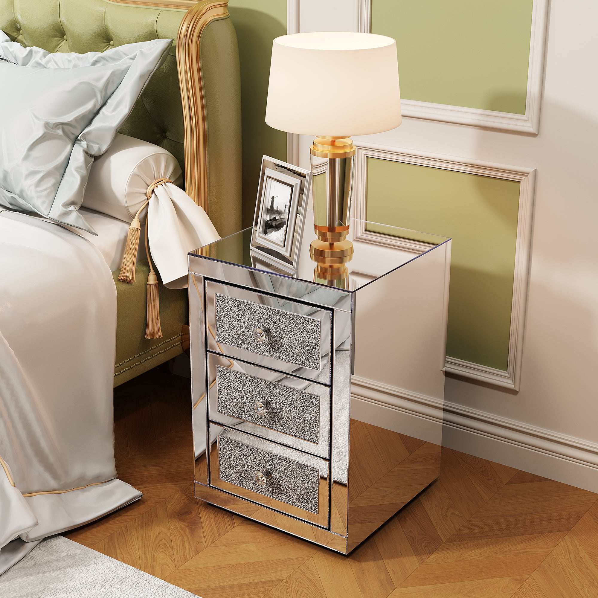 3-Drawer Silver Mirrored Glass Nightstand Bedside End Table