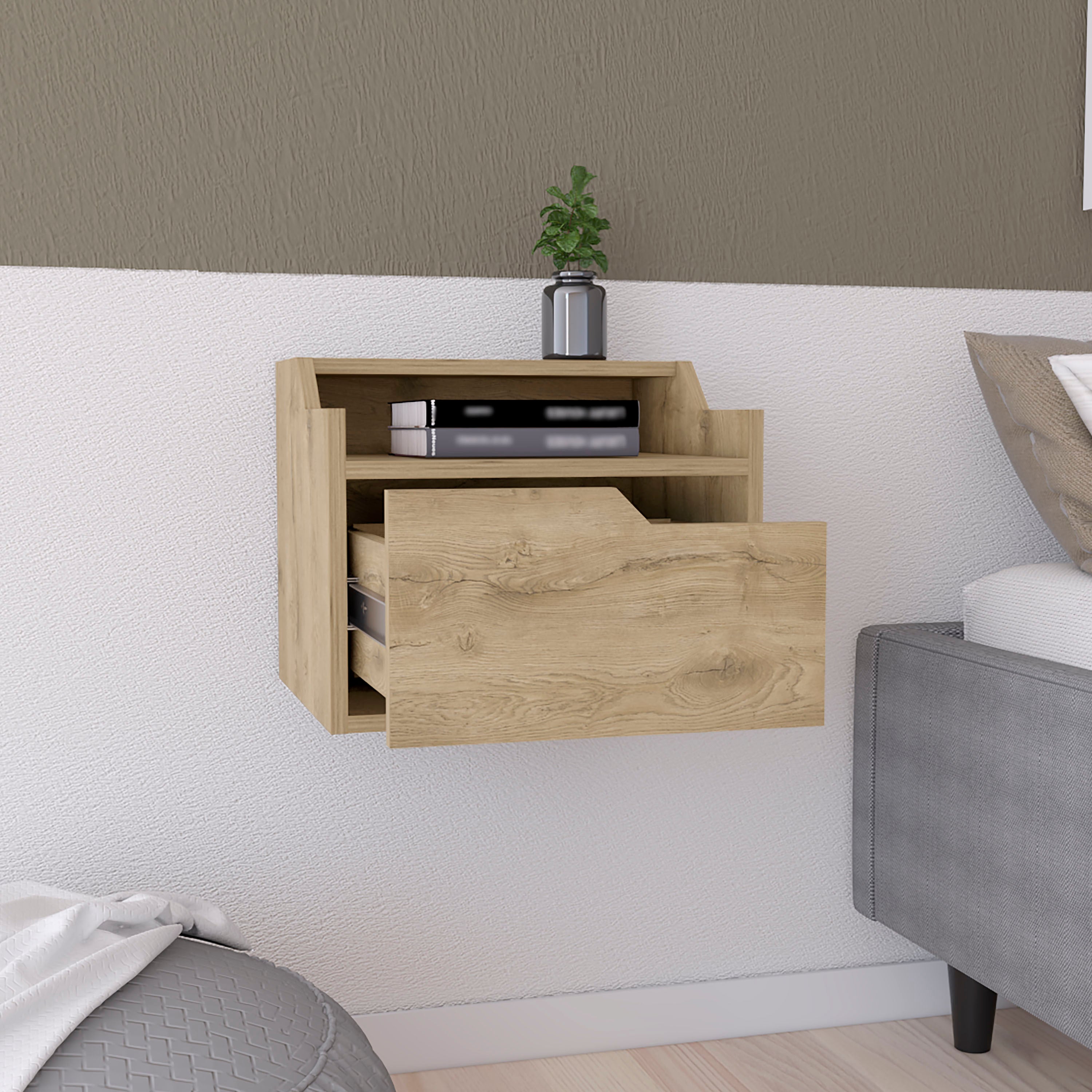 Modern Floating Nightstand, Single Drawer Storage - Macadamia