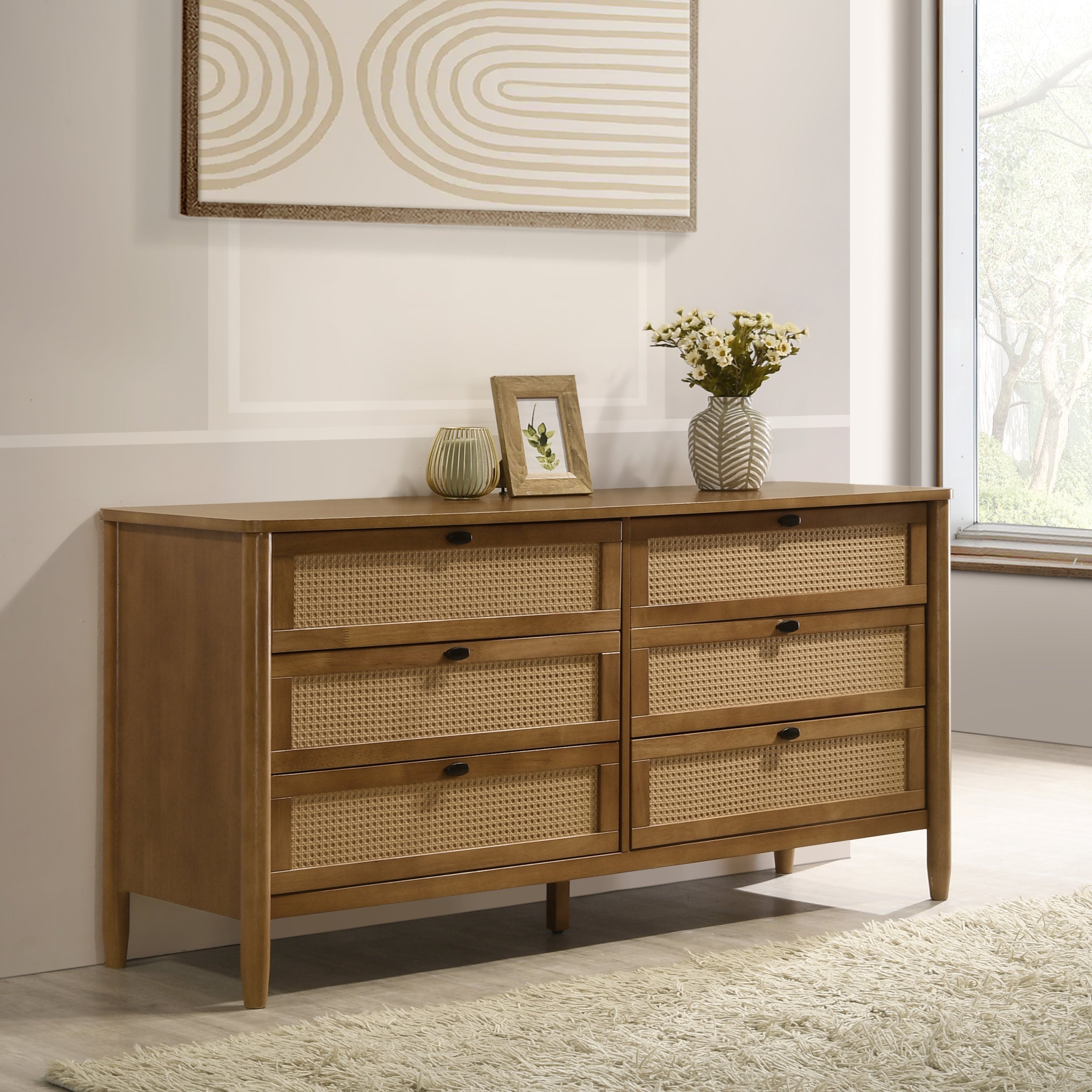 Vichy Wood Rattan 6-Drawer Dresser | Bedroom Storage