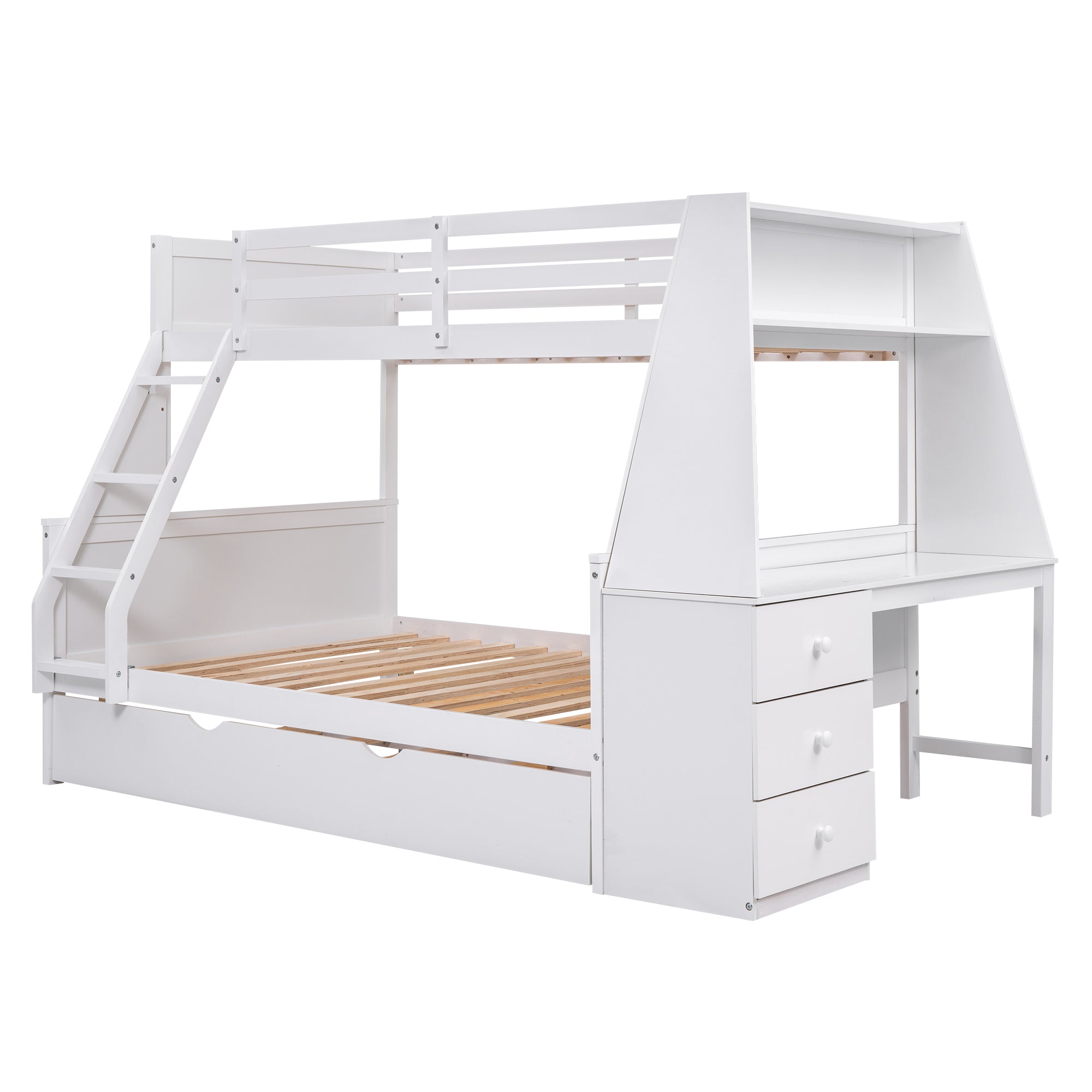 Twin Full Bunk Bed with Trundle, Desk - White