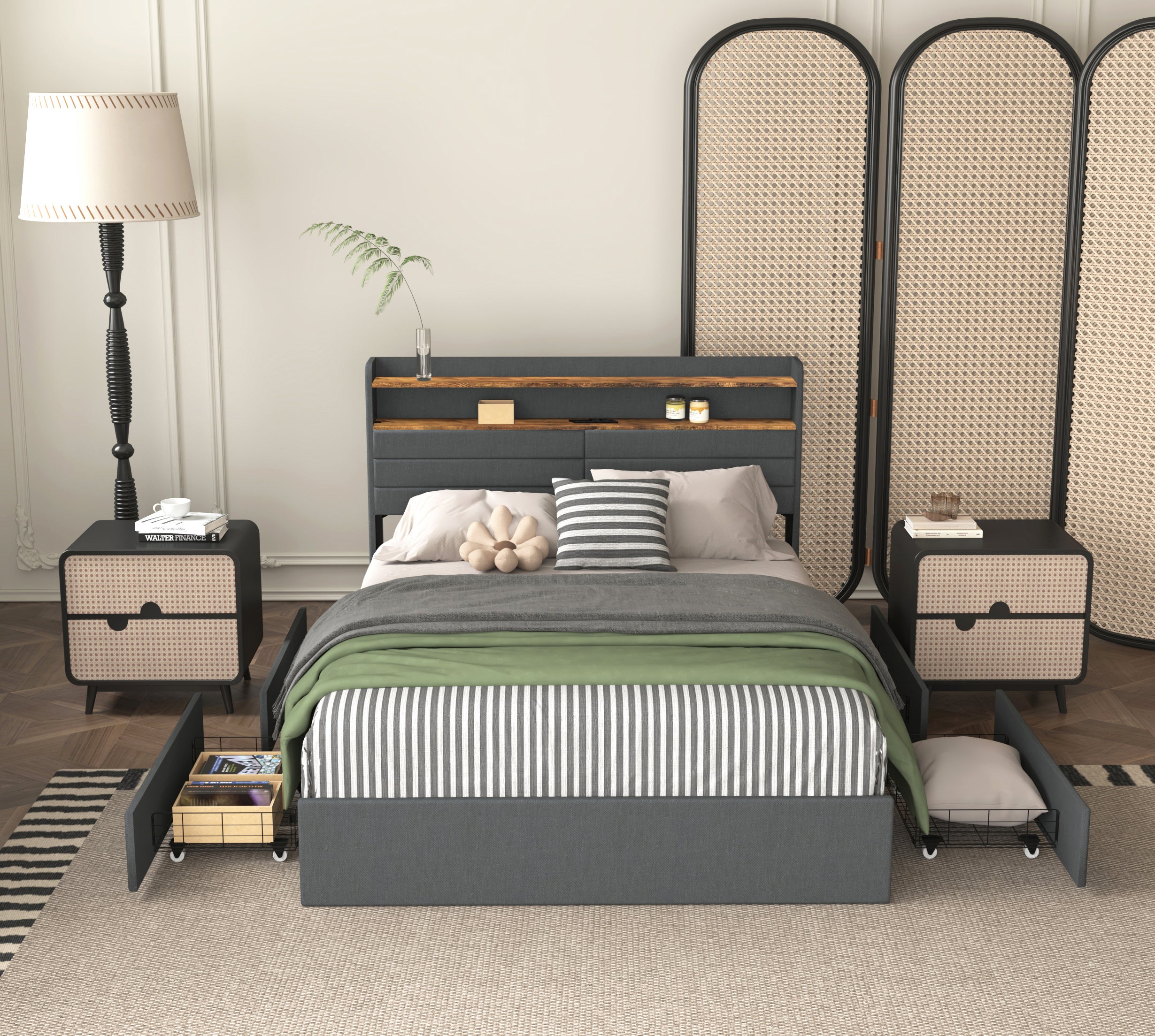 Full Upholstered Bed Frame w/ 4 Storage Drawers, LED, USB Charging