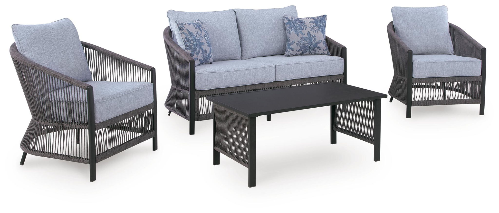 Gray outdoor lounge seating set: loveseat, two chairs, and black coffee table