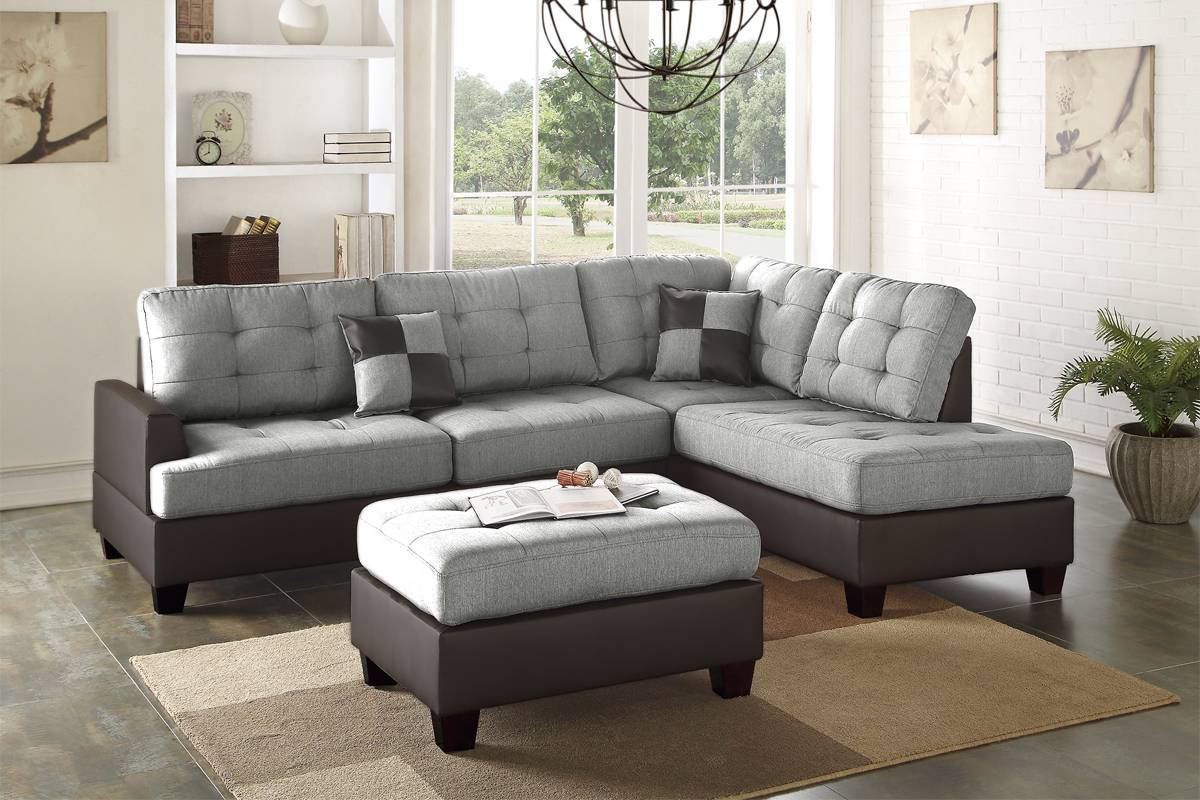 Grey Tufted Reversible Sectional Sofa & Ottoman