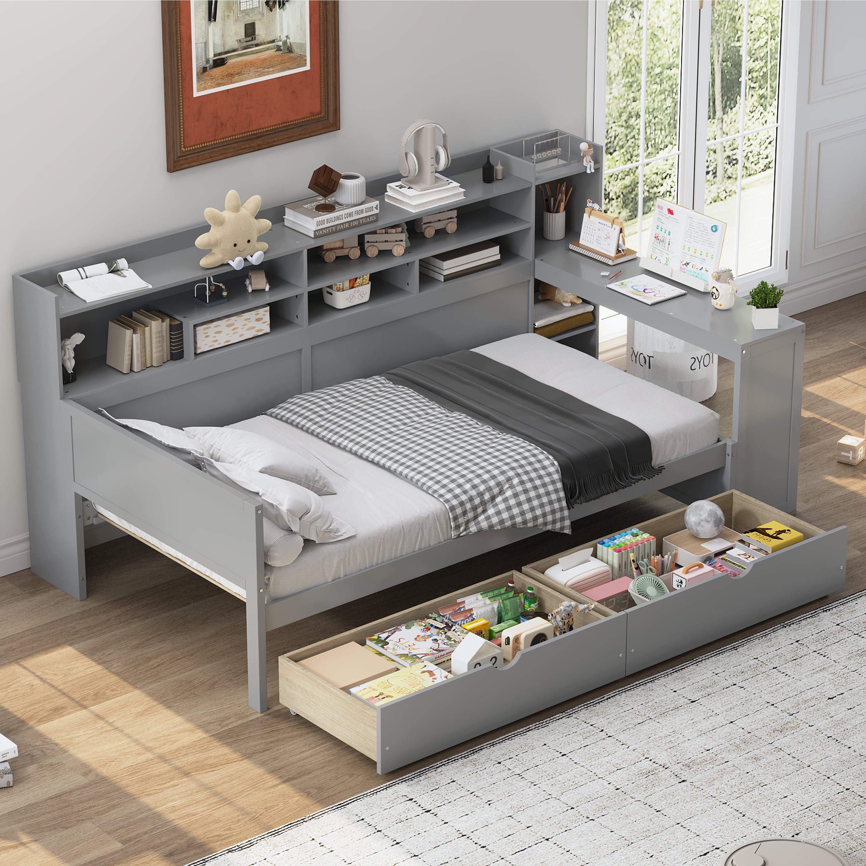 Wooden Twin Daybed: Storage Shelves, Drawers & Study Desk, Gray