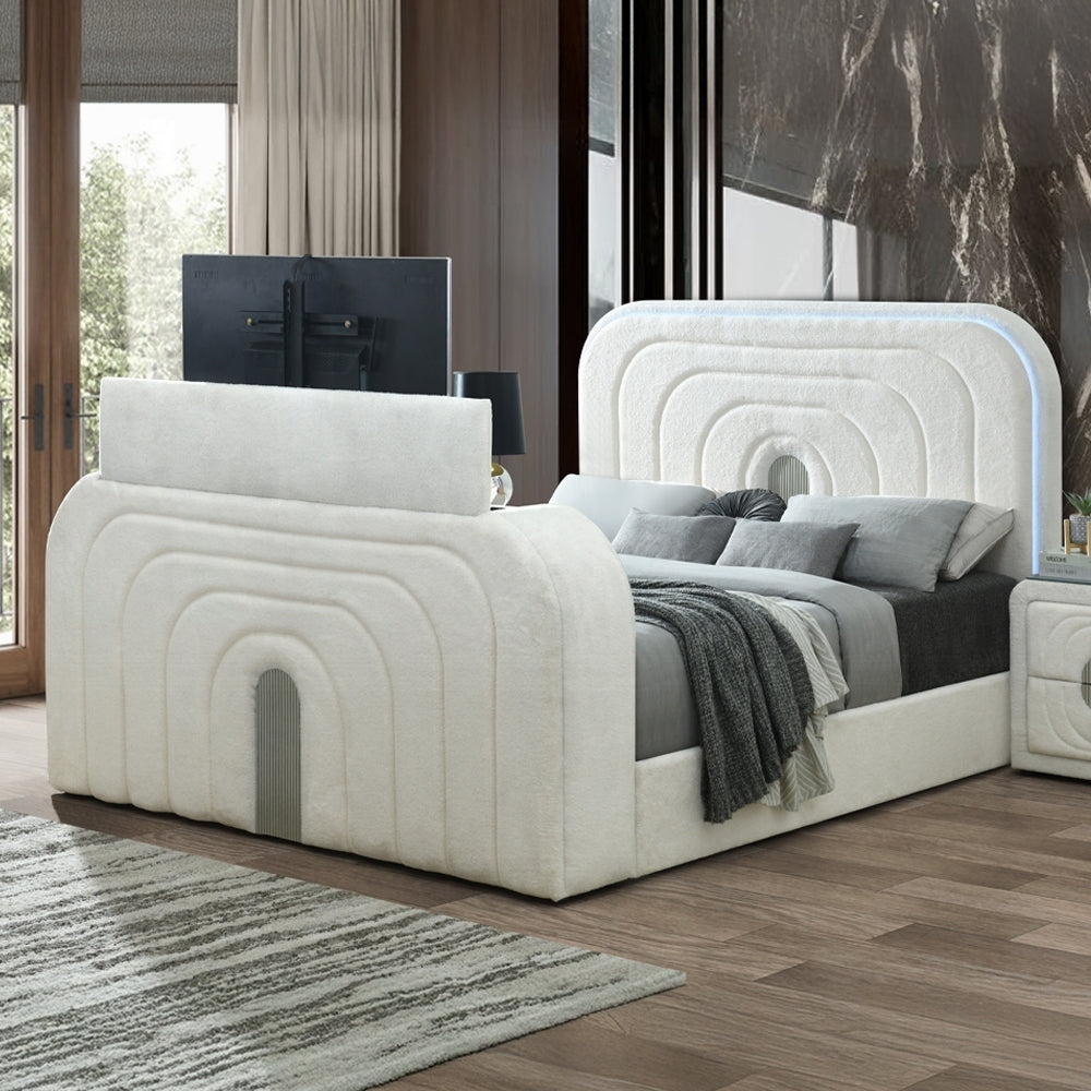Shelyn White Teddy Sherpa EK Bed: LED, TV Cabinet, Fireplace, Bluetooth