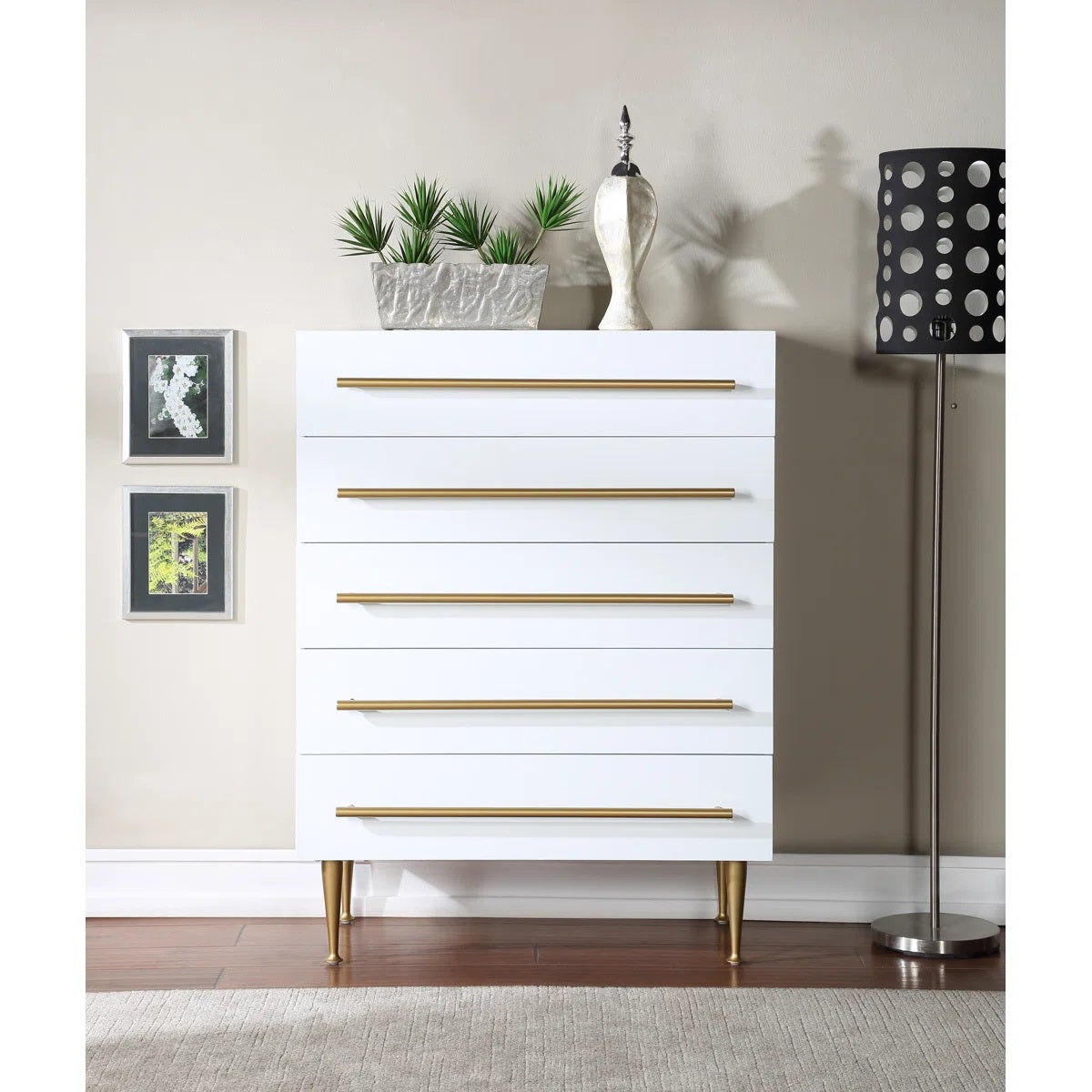 White Contemporary 5-Drawer Chest Gold Accent Wood Dresser