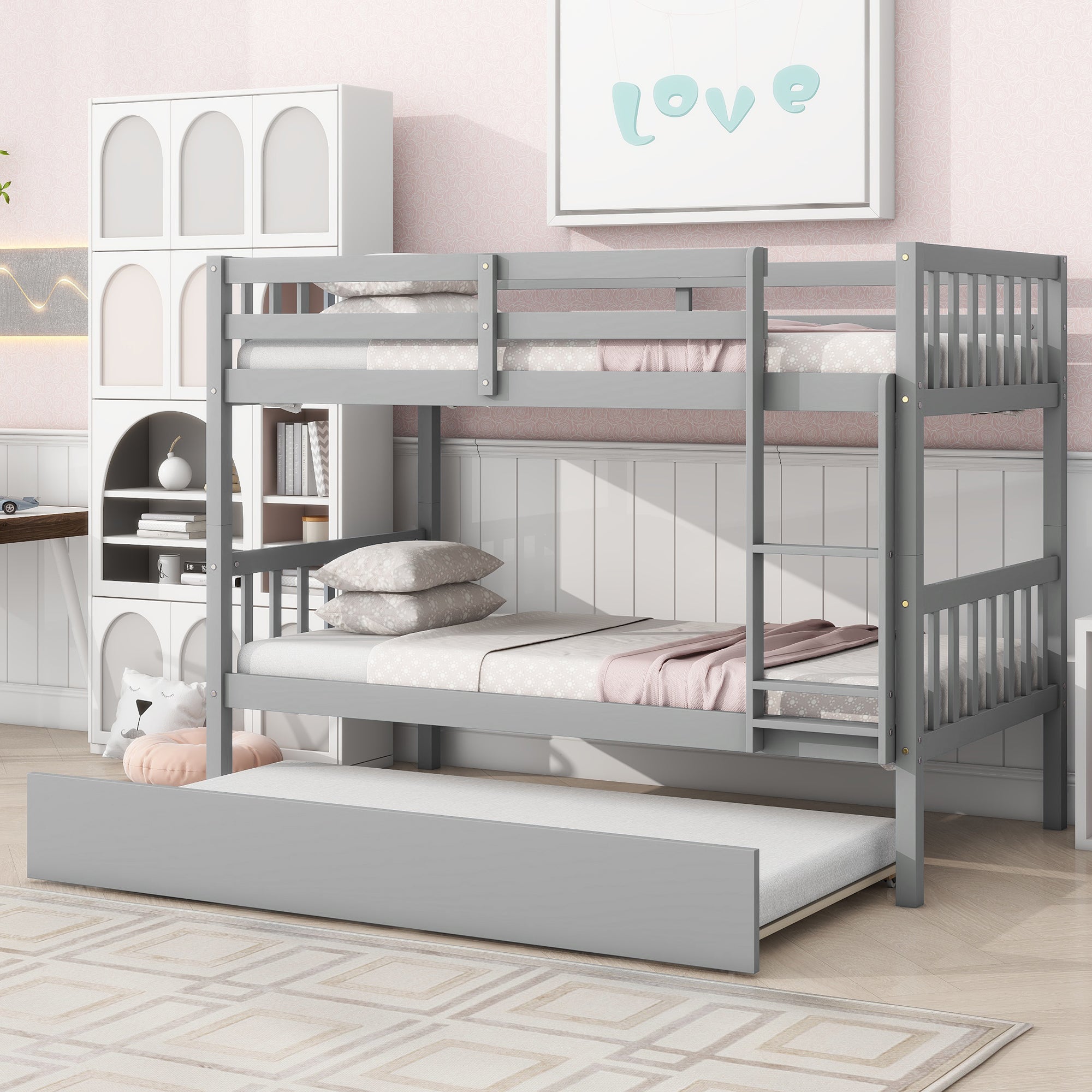 Grey Twin Over Twin Rubber Wood Bunk Bed with Trundle & Guardrails