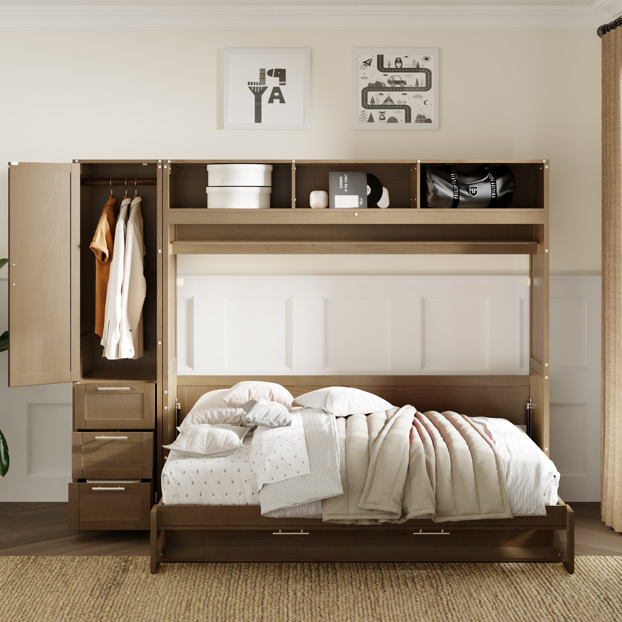 Full Size Murphy Bed: Wardrobe, Drawers, Shelves - Antique Wood