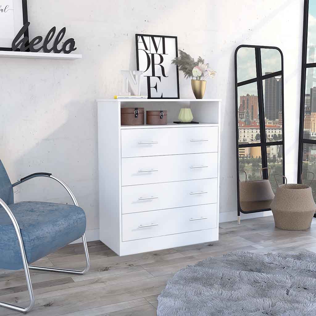 White 4-Drawer Dresser with Open Shelf & Superior Top
