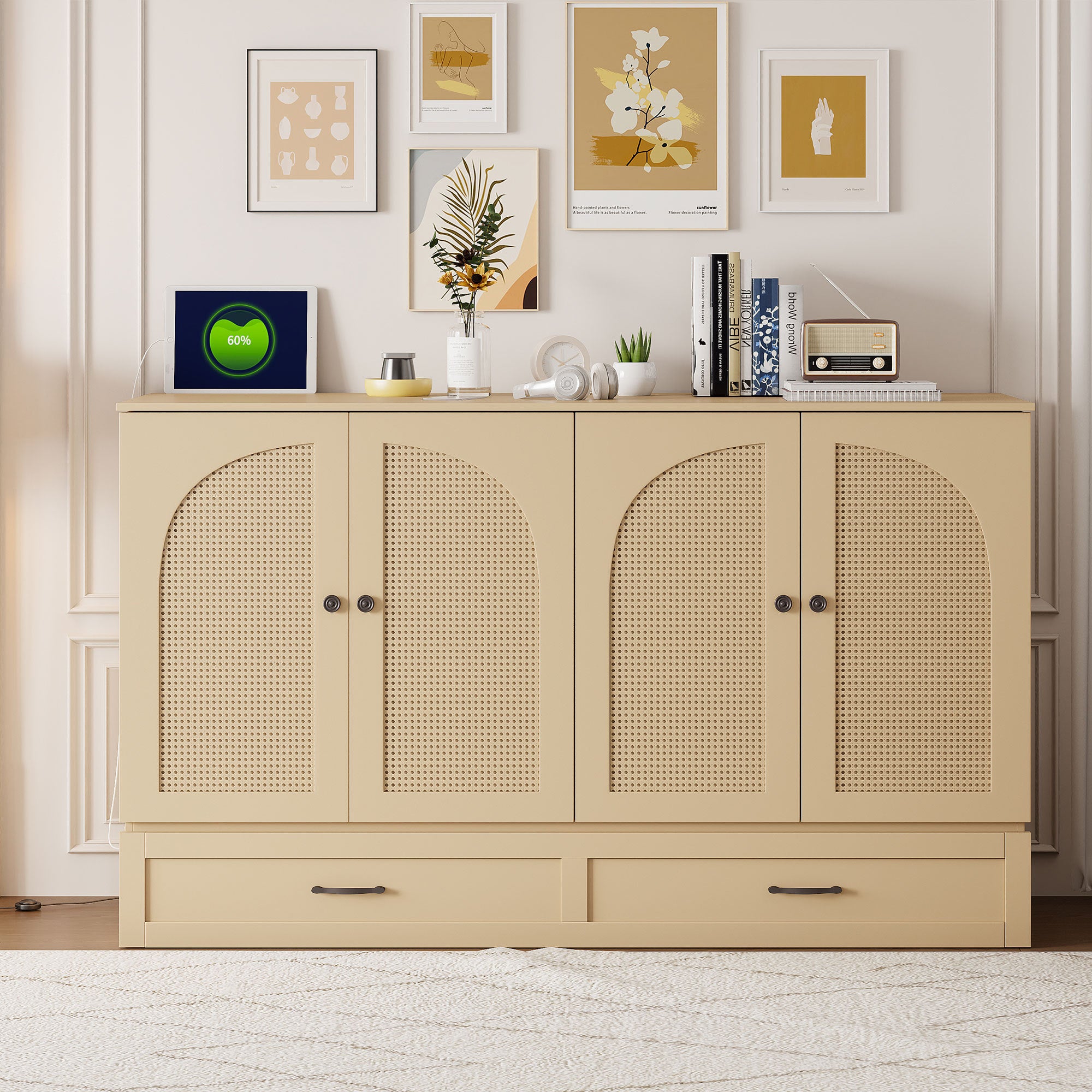 Gold Queen Size Murphy Bed with Large Storage Drawers