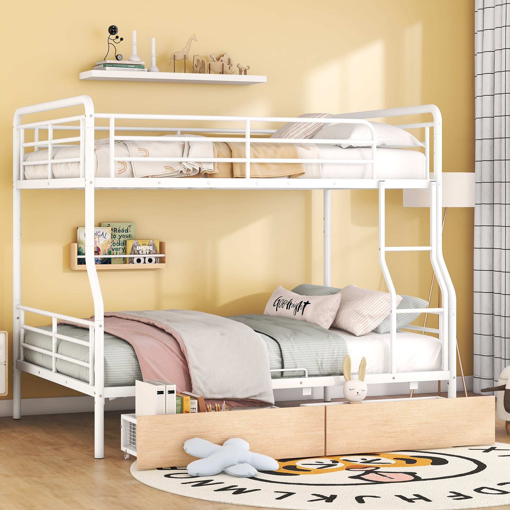 White Full XL Over Queen Metal Bunk Bed with Storage Drawers