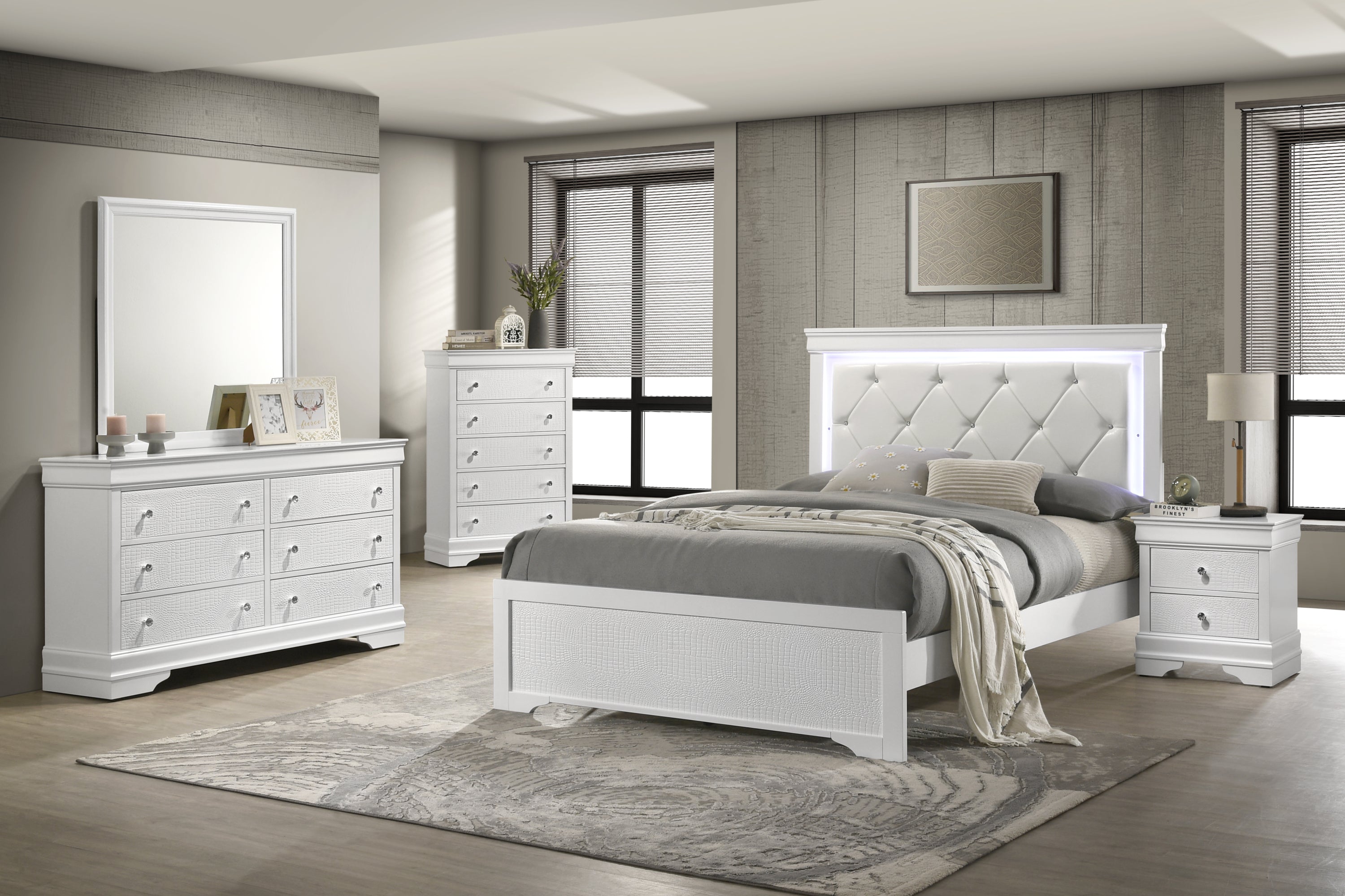 Blaze Modern Full 5-Pc Bedroom Set Upholstered LED Headboard White CA